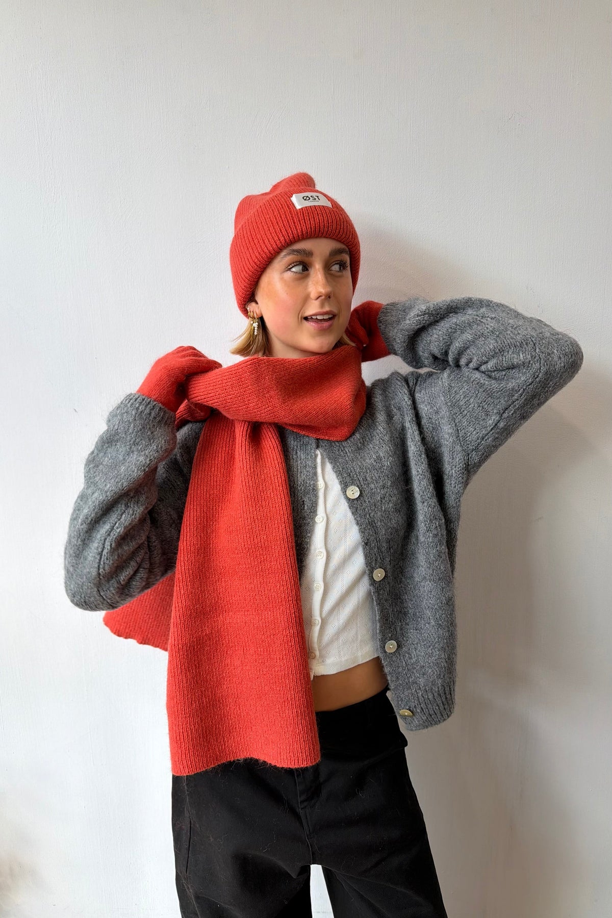 Blood orange Clara beanie worn slouched