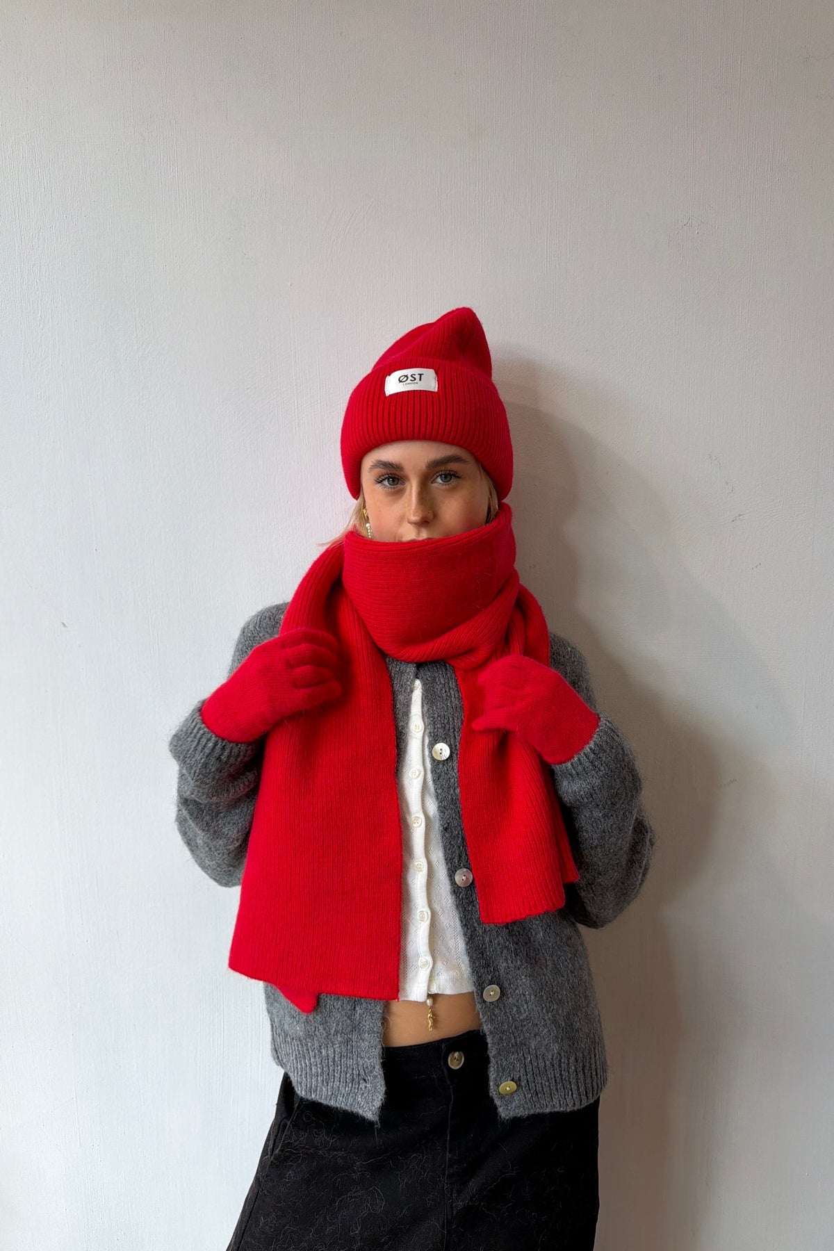 Red Clara beanie worn slouched