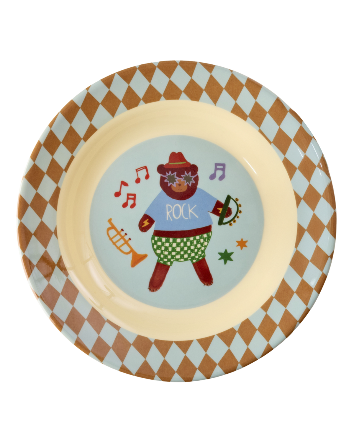 Blue Rice melamine kids bowl in the Music Band print