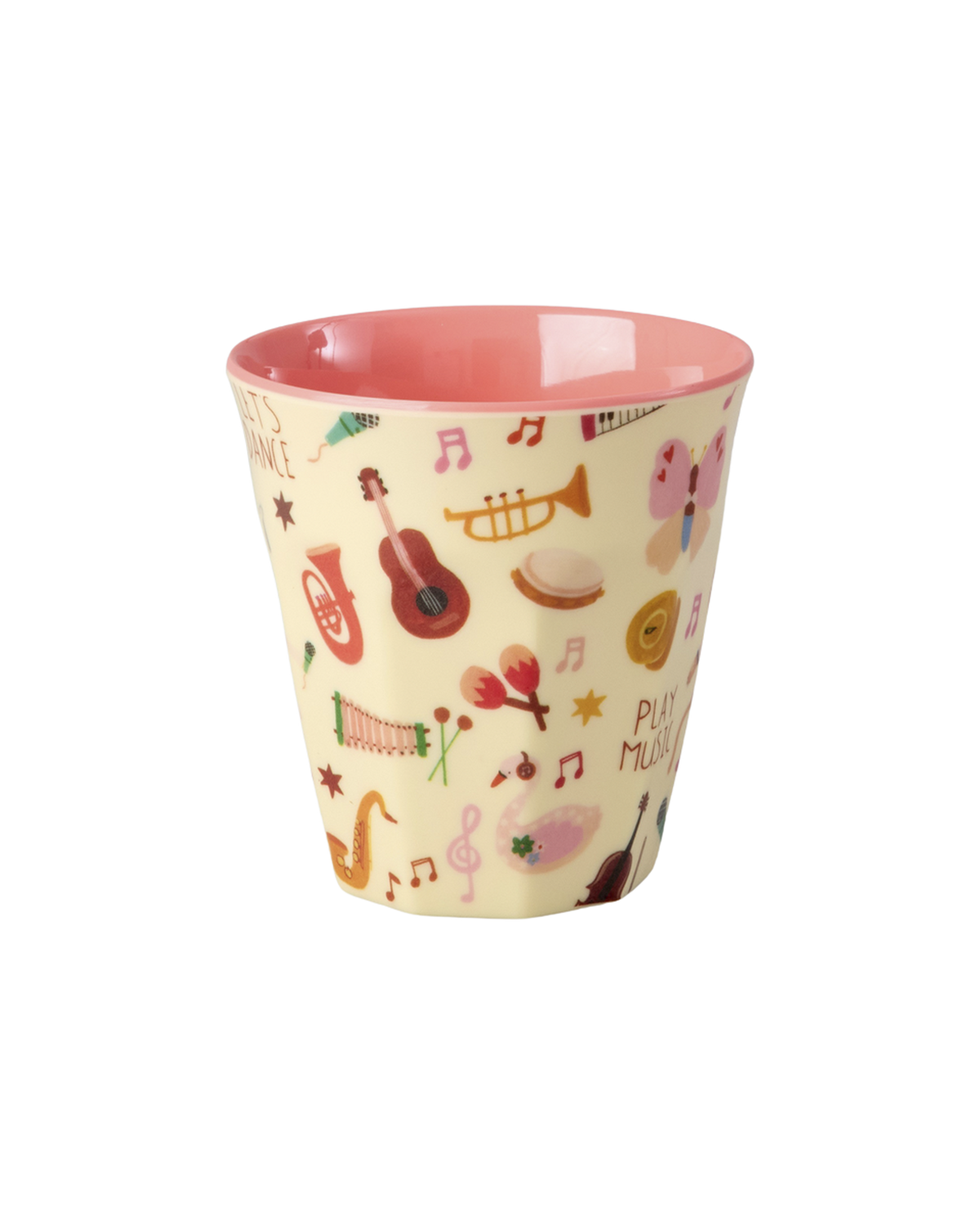 Small pink Rice melamine kids cup in the Music Band print
