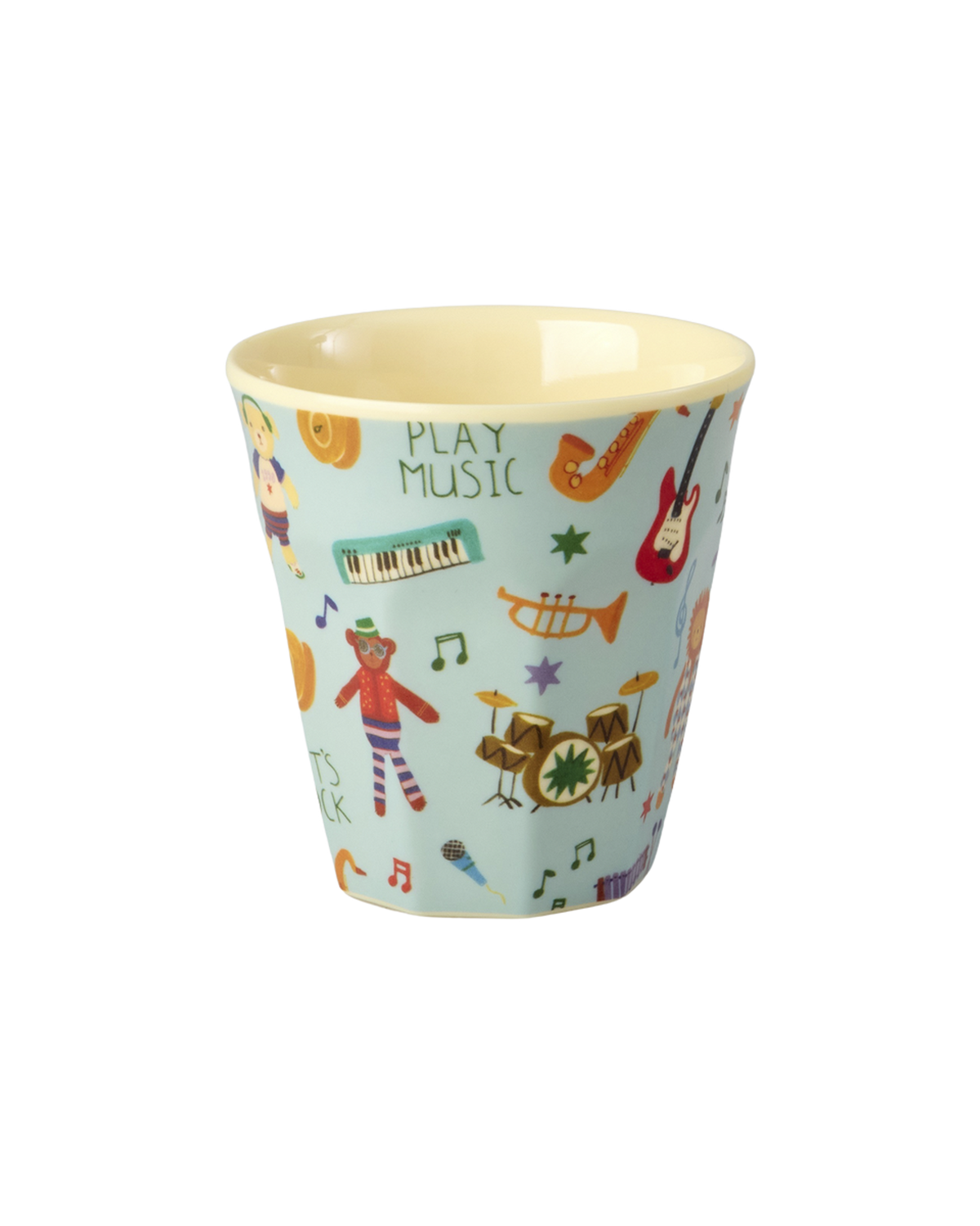 Small blue Rice melamine kids cup in the Music Band print