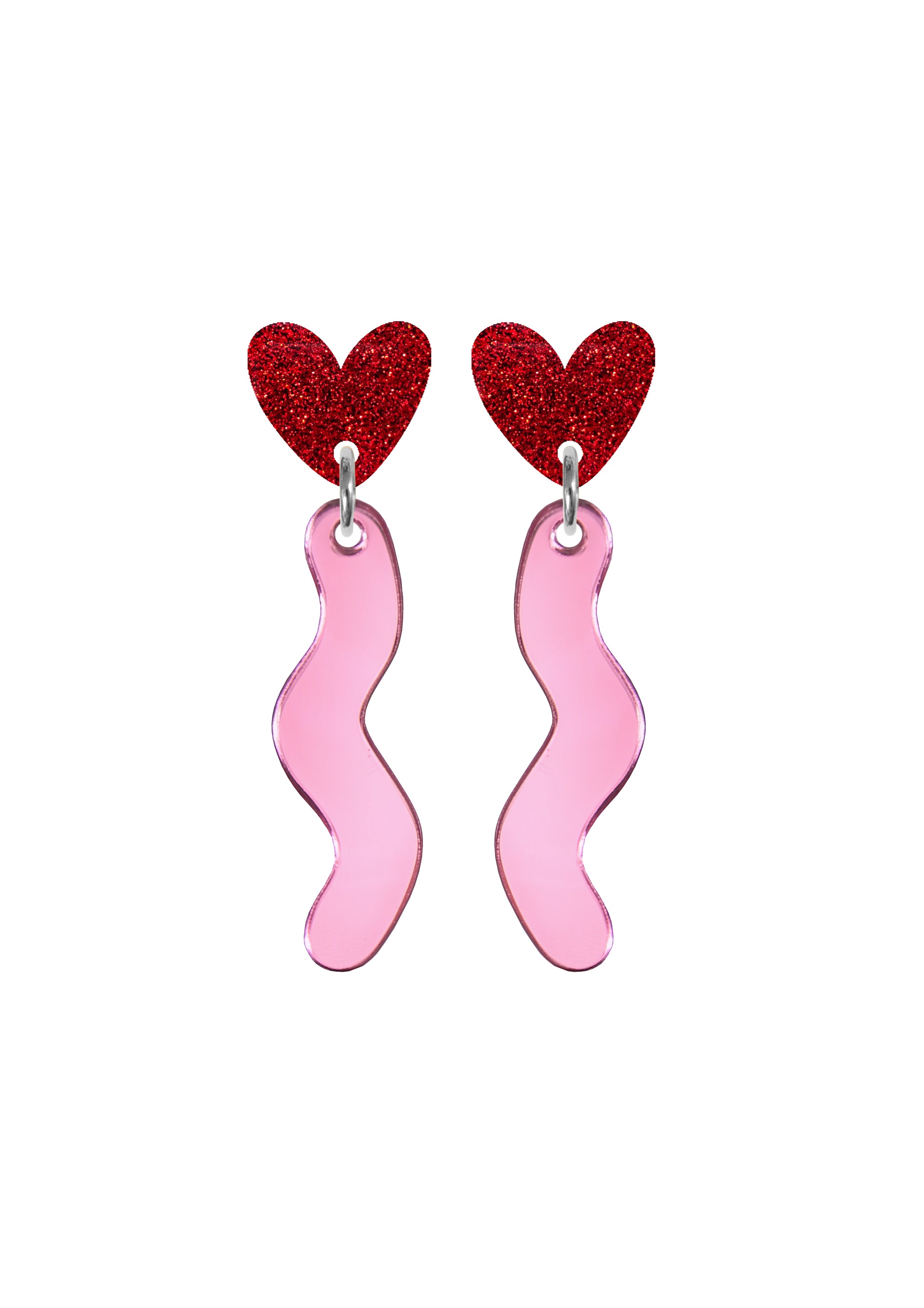 Squiggle Heart Drop Studs Red Glitter and Pink