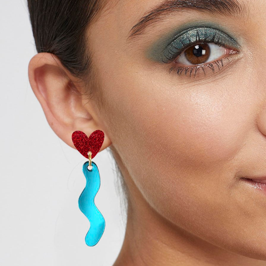 Squiggle Heart Drop Studs Silver & Pink