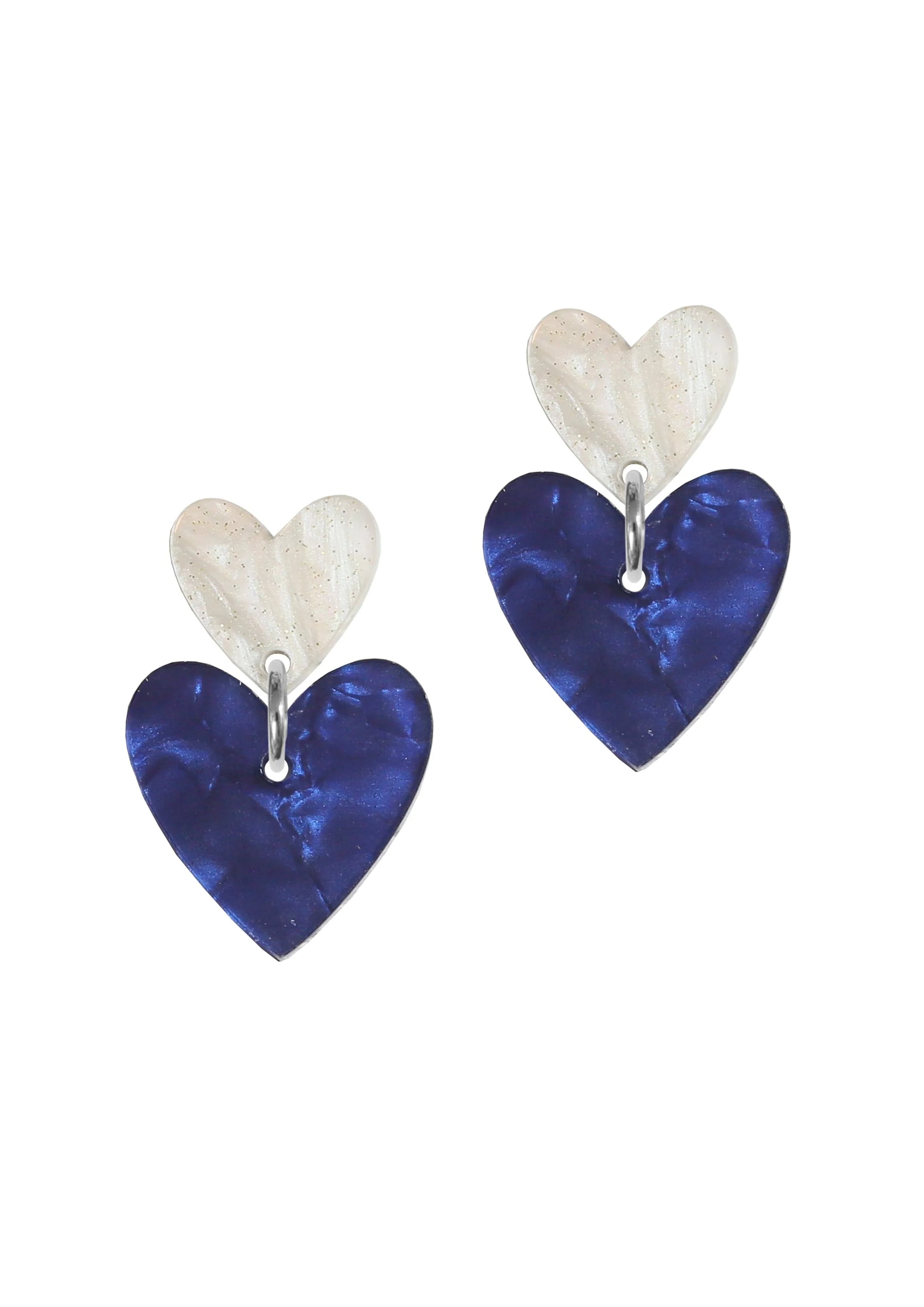 Double Heart Drop Studs - Pearl & Blue