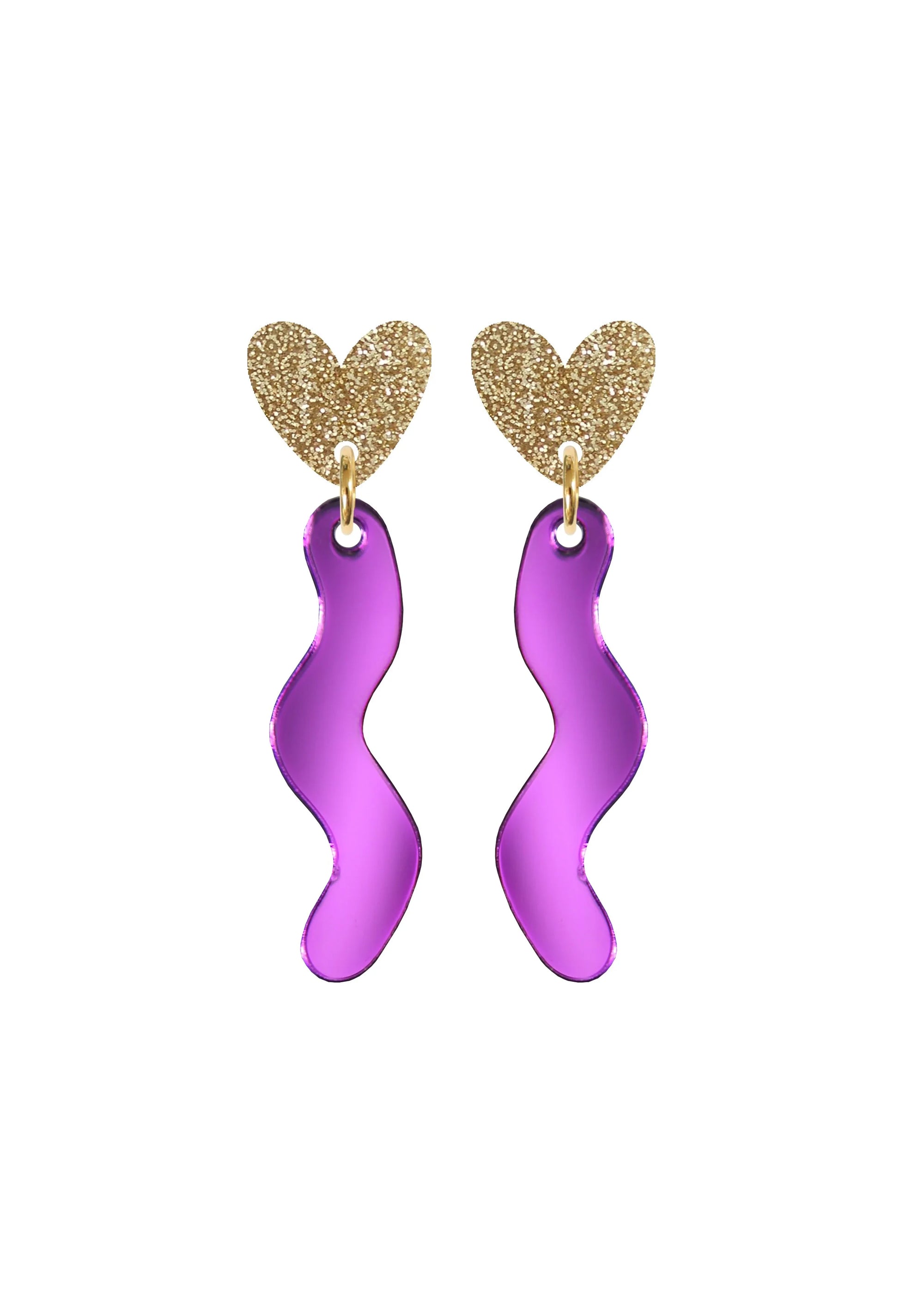 Squiggle Heart Drop Studs Gold and Purple