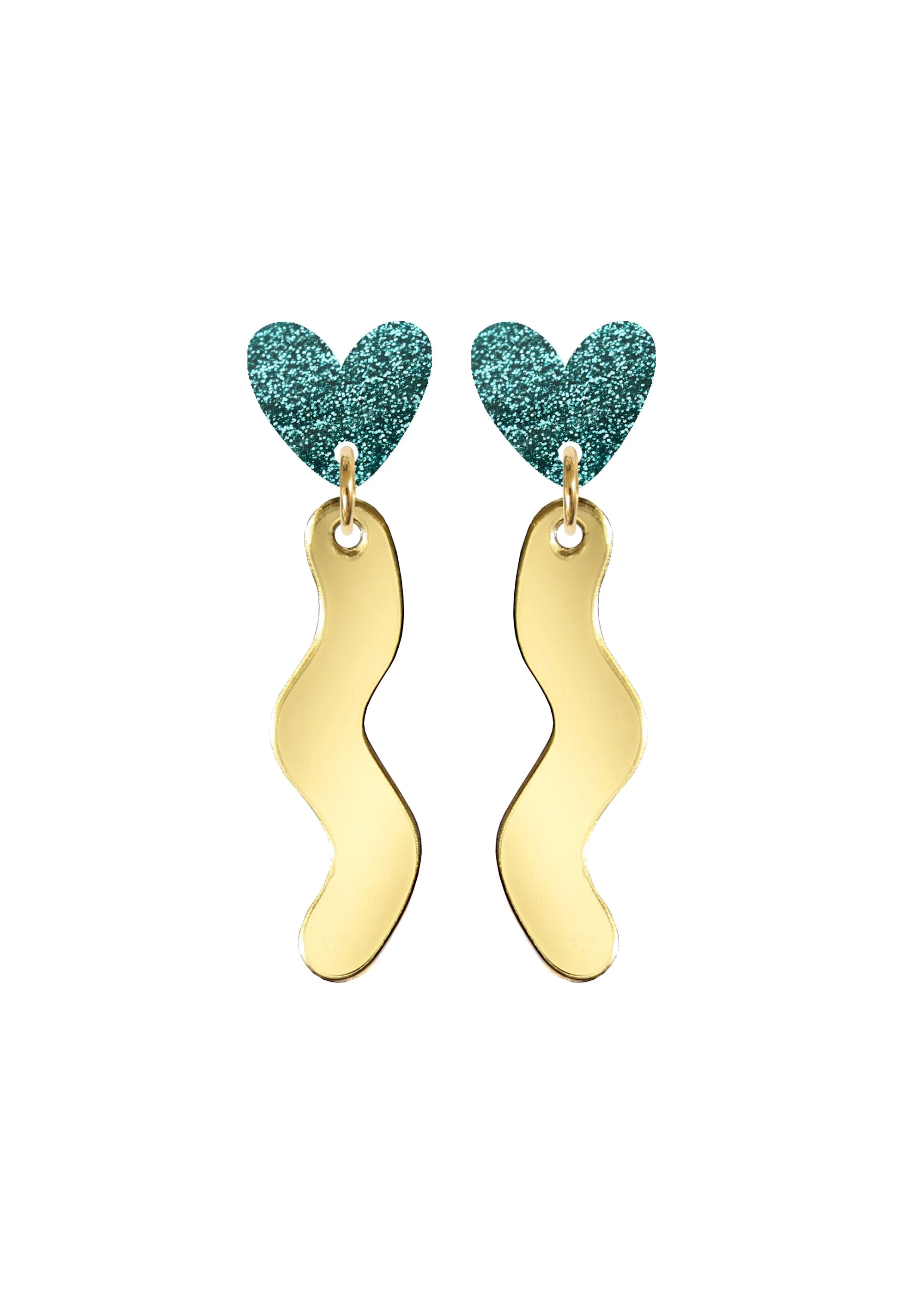 Squiggle Heart Drop Studs Jade and Gold
