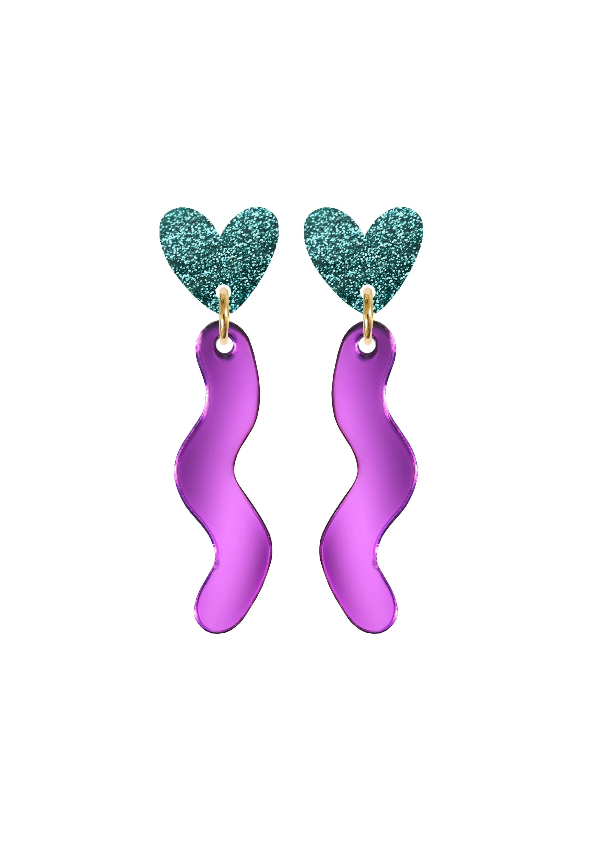 Squiggle Heart Drop Studs Jade and Purple