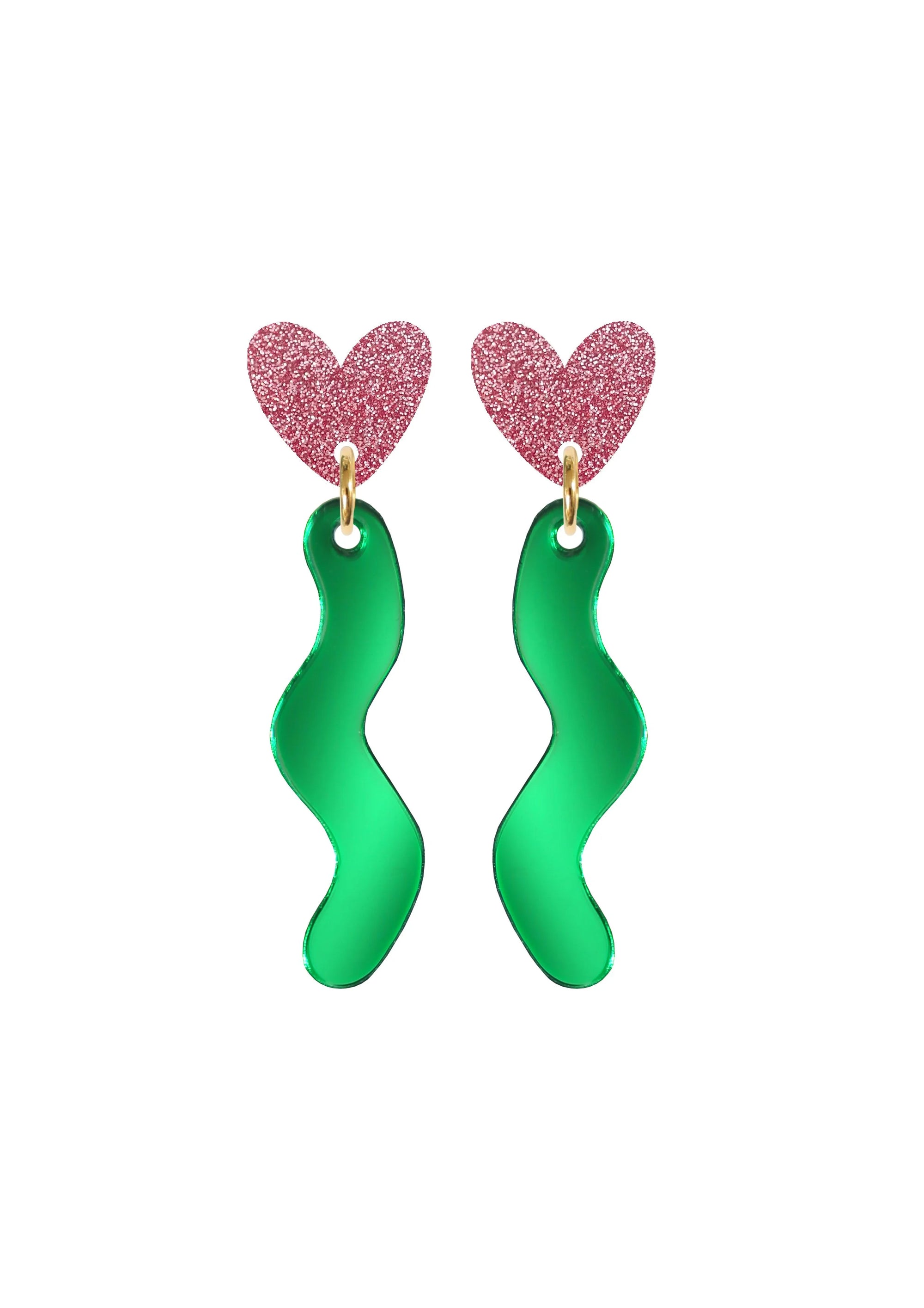 Squiggle Heart Drop Studs Pink and Green