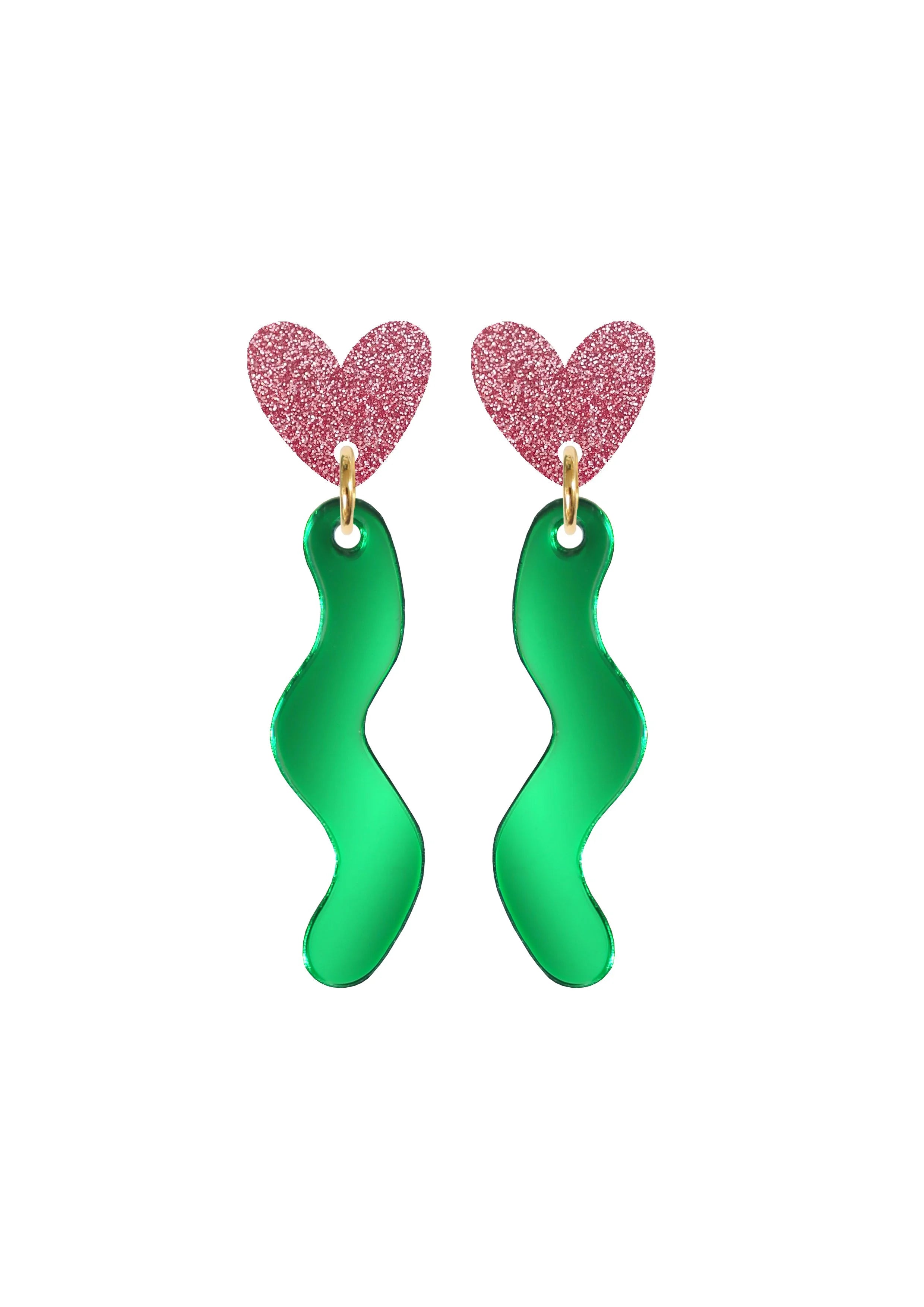 Squiggle Heart Drop Studs Pink and Green