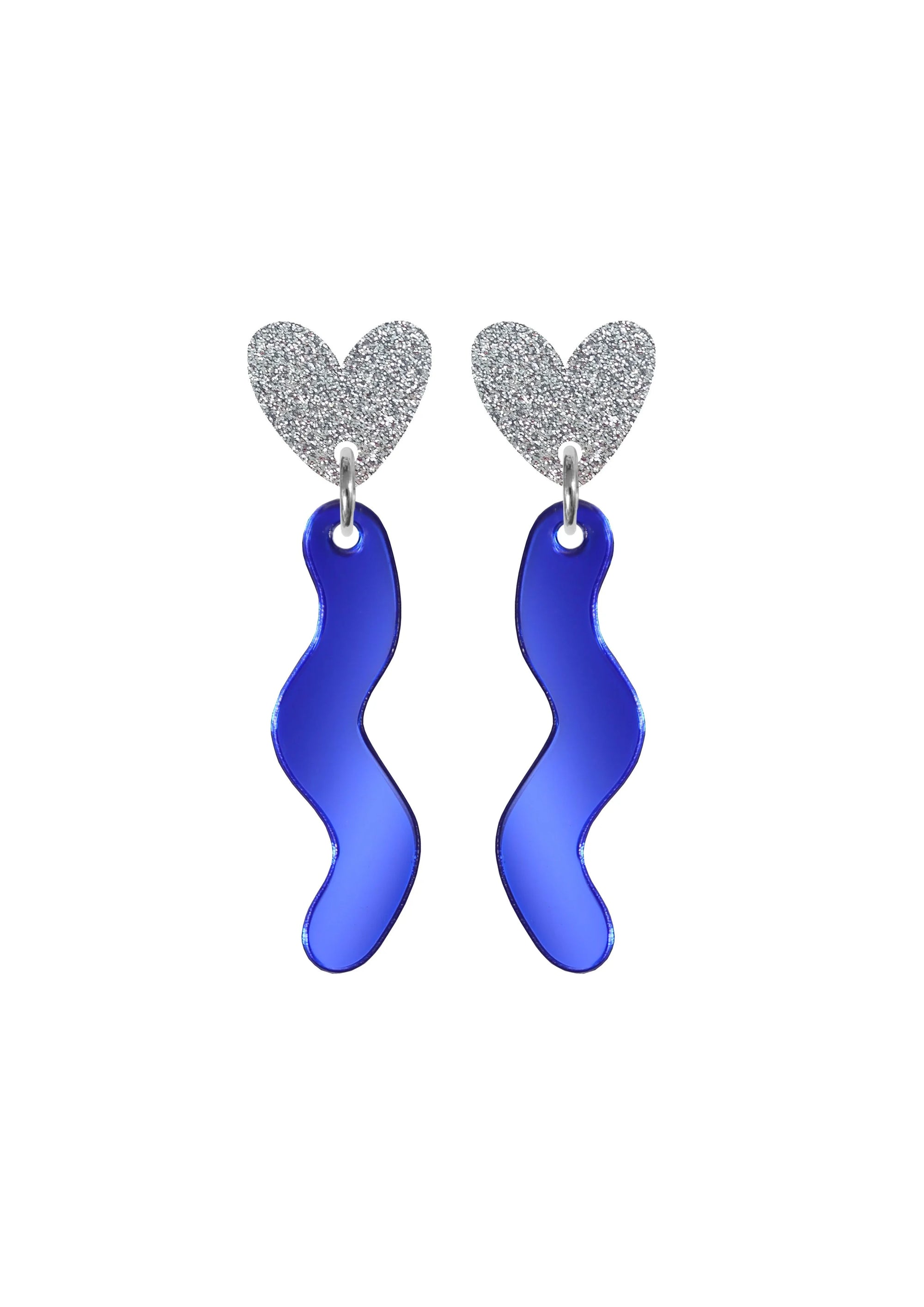 Squiggle Heart Drop Studs Silver and Blue
