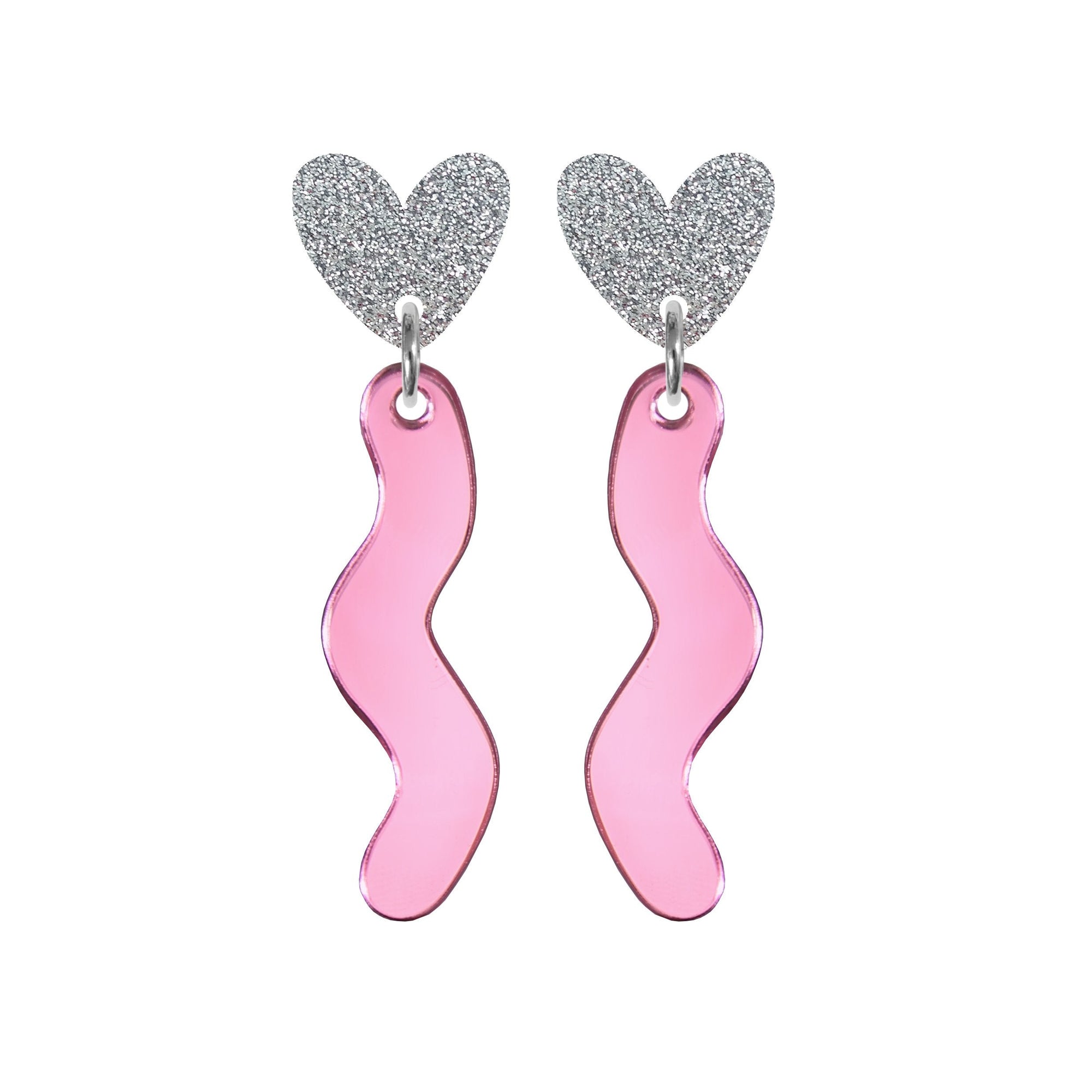 Squiggle Heart Drop Studs Silver & Pink