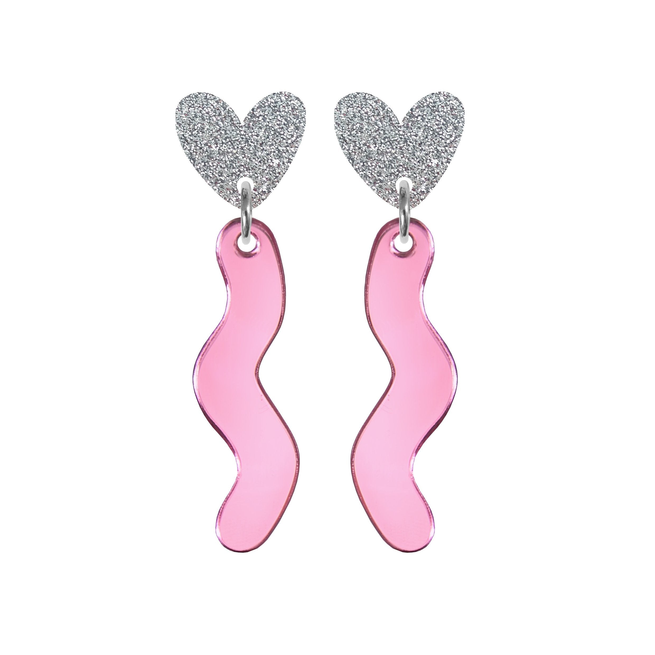 Squiggle Heart Drop Studs Silver & Pink
