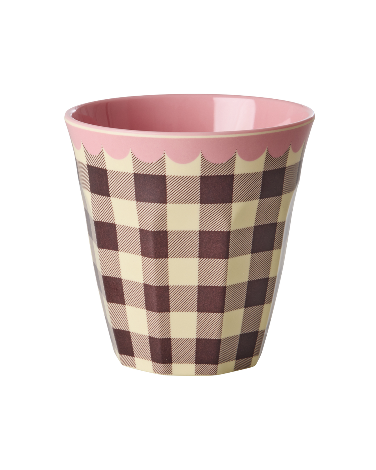 Rice melamine cup in the Check Me Out brown check print