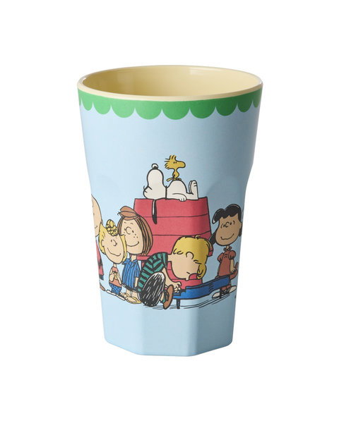 Blue tall melamine cup with Snoopy design, by Rice x Peanuts