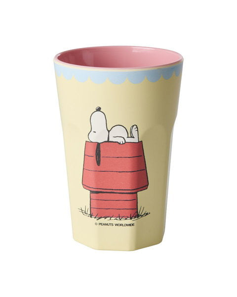 Cream tall melamine cup with Snoopy design, by Rice x Peanuts
