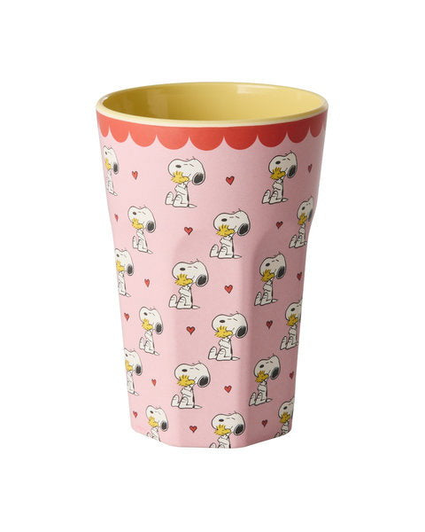 Pink tall melamine cup with Snoopy design, by Rice x Peanuts