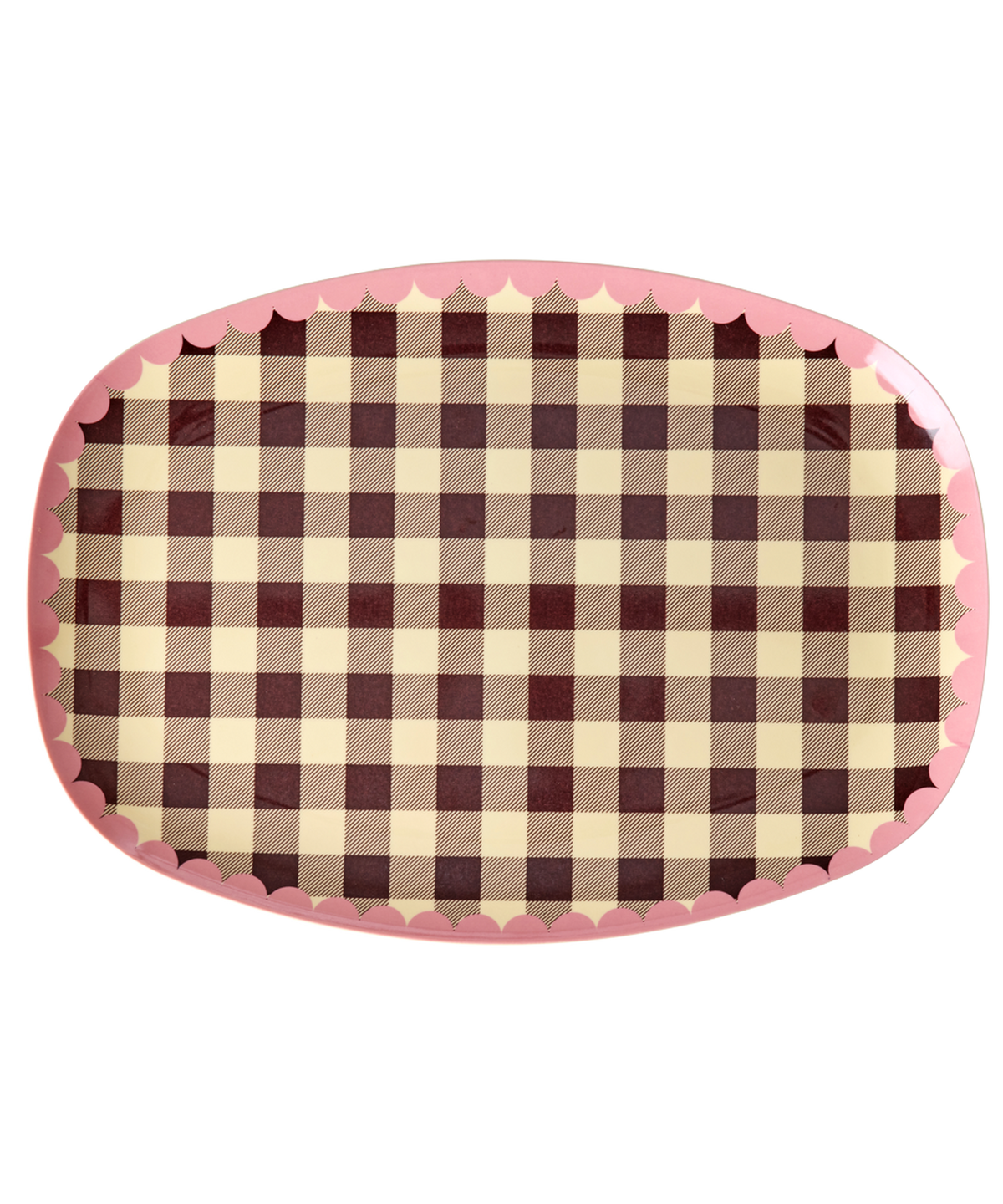 Rectangular Rice melamine plate in the Check Me Out brown check print