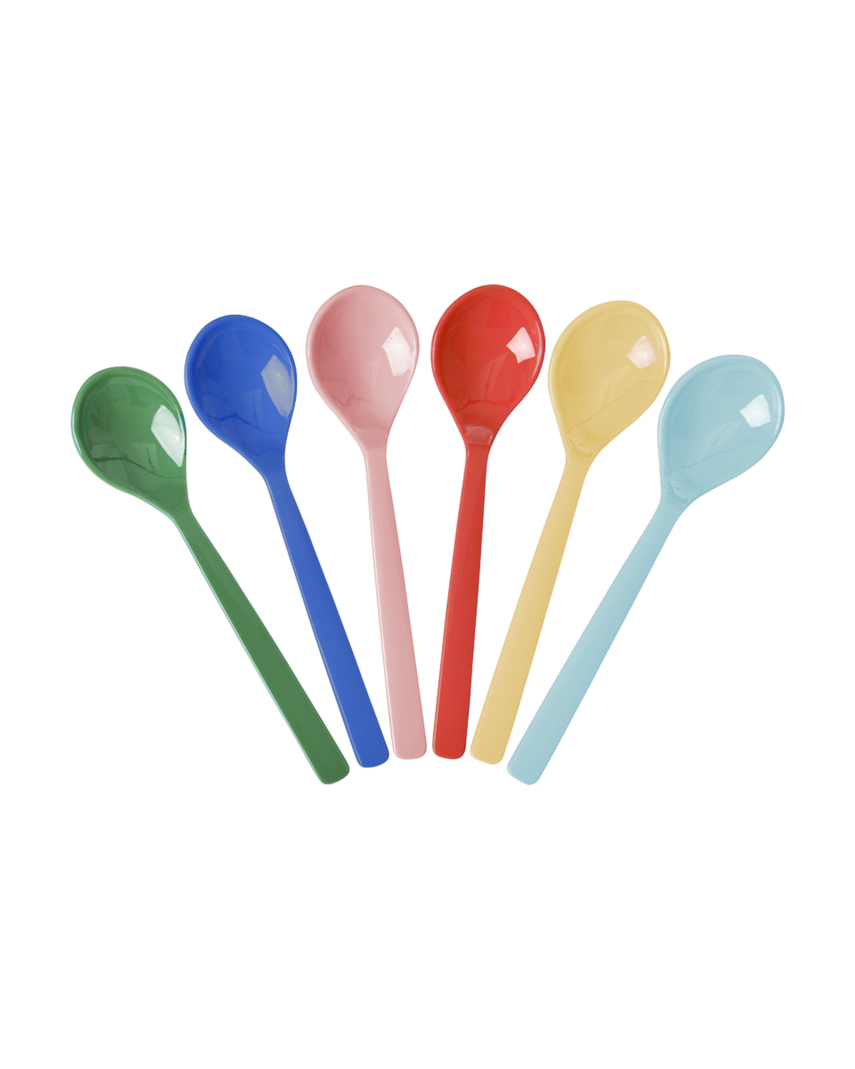 Set of six Rice melamine teaspoons in assorted solid colours