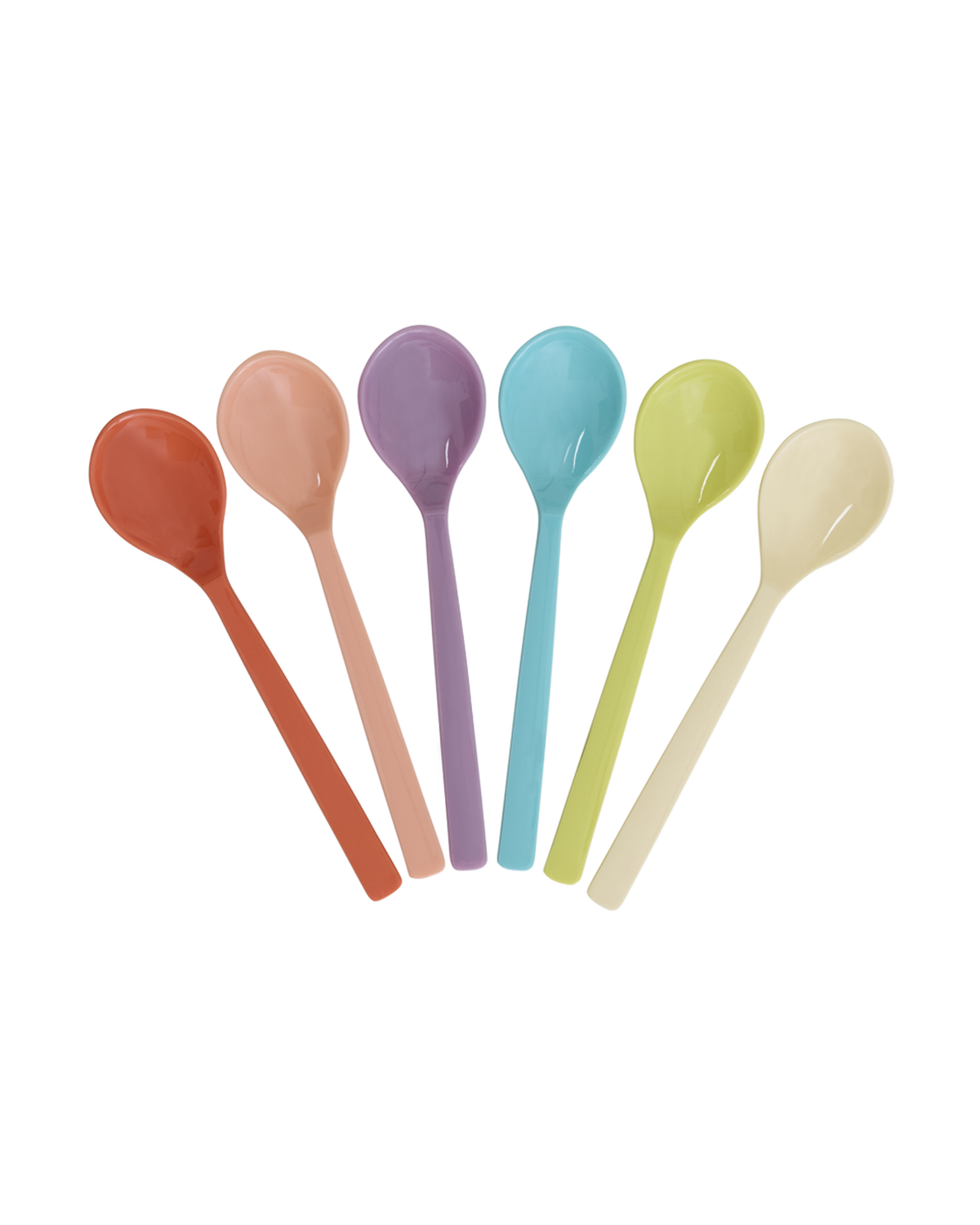 Set of six Rice melamine teaspoons in the Glory Days colour mix