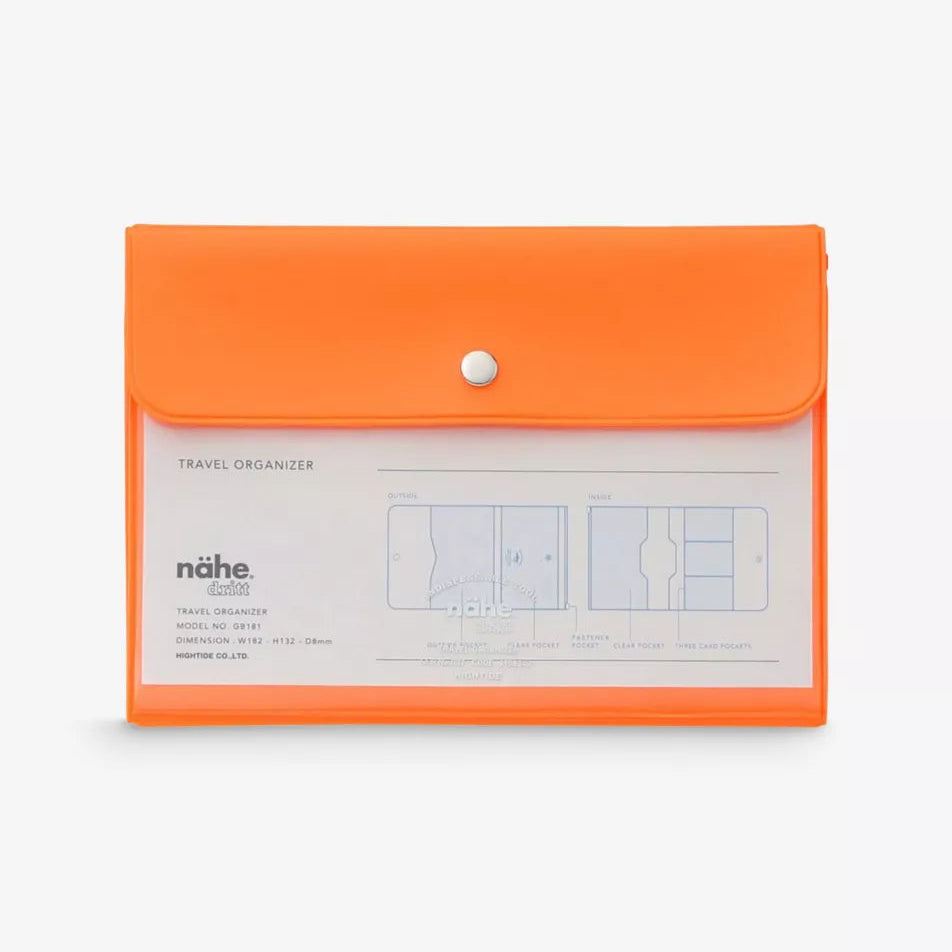 Hightide Nahe Travel Organiser passport wallet in neon orange with clear front