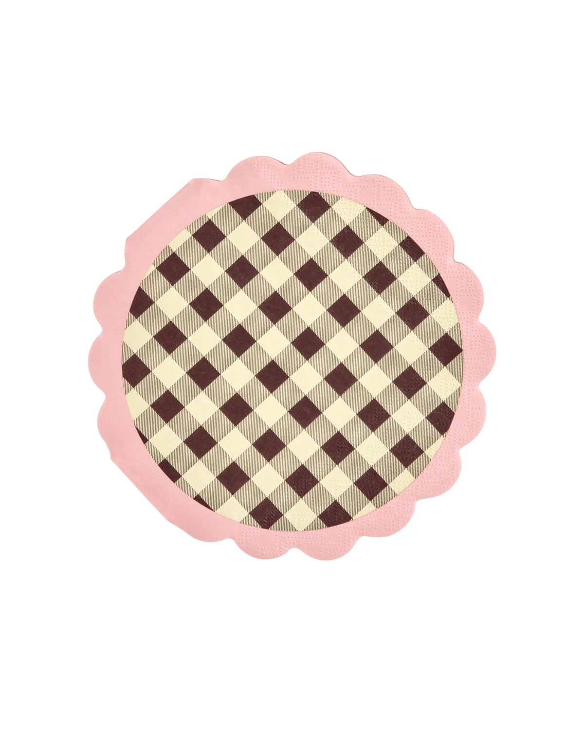 Pack of Rice round paper napkins with a scalloped edge and check print