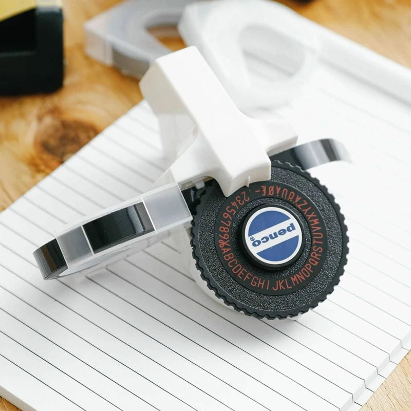 Hightide Penco Tape Writer white embossing label maker, side view