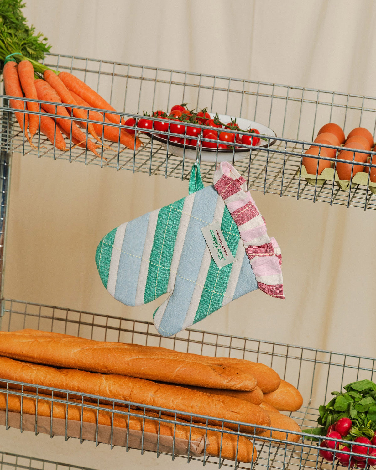 Ruffled oven mitt in green and blue stripes by Tarta Gelatina
