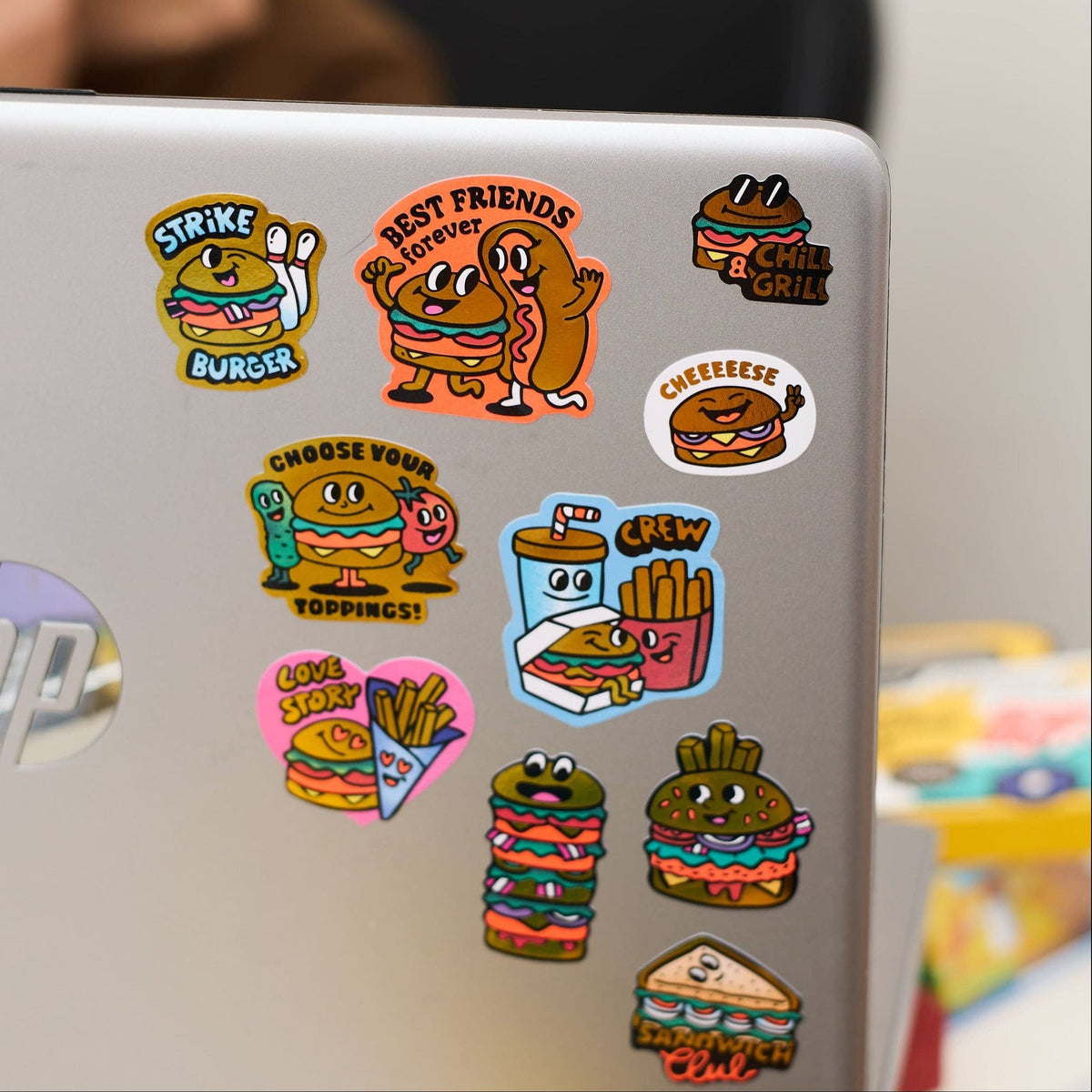 OMY burger stickers on a computer