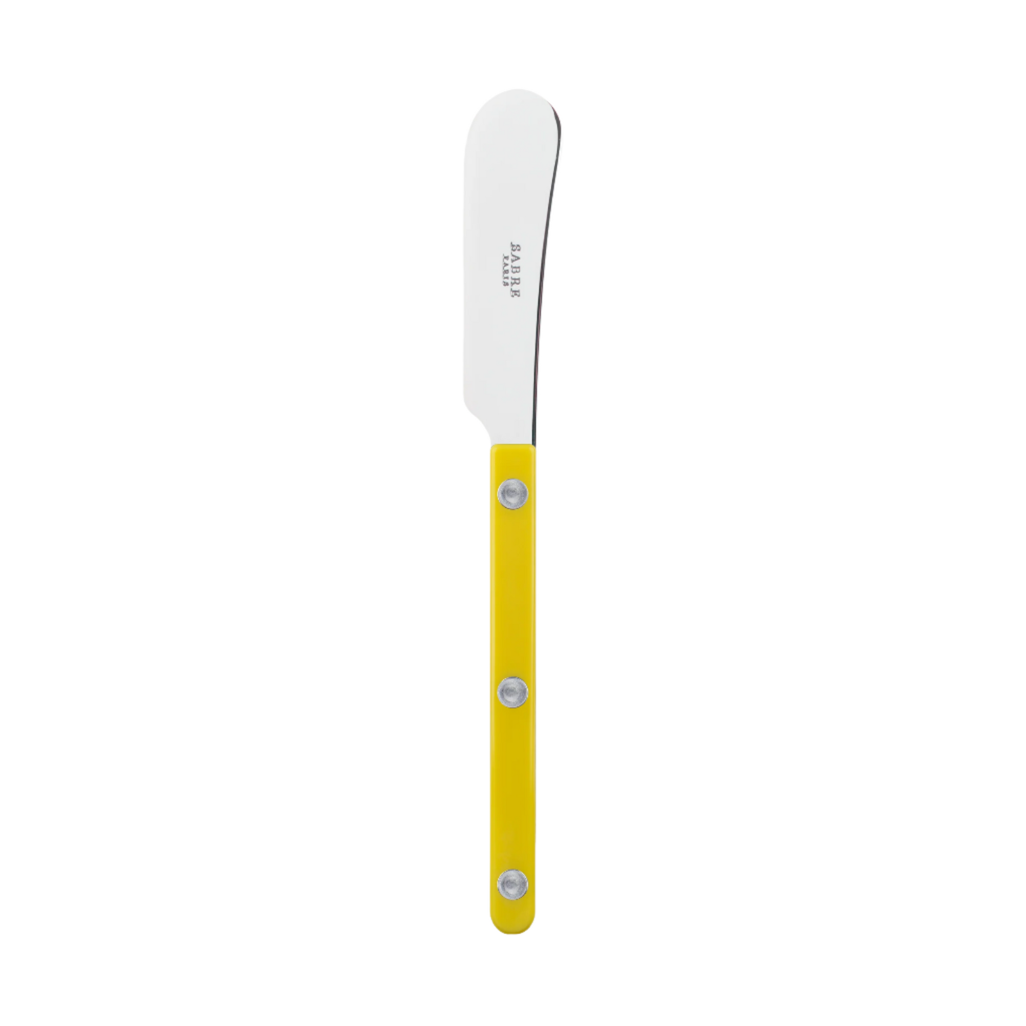 Butter knife with yellow handle on a white background
