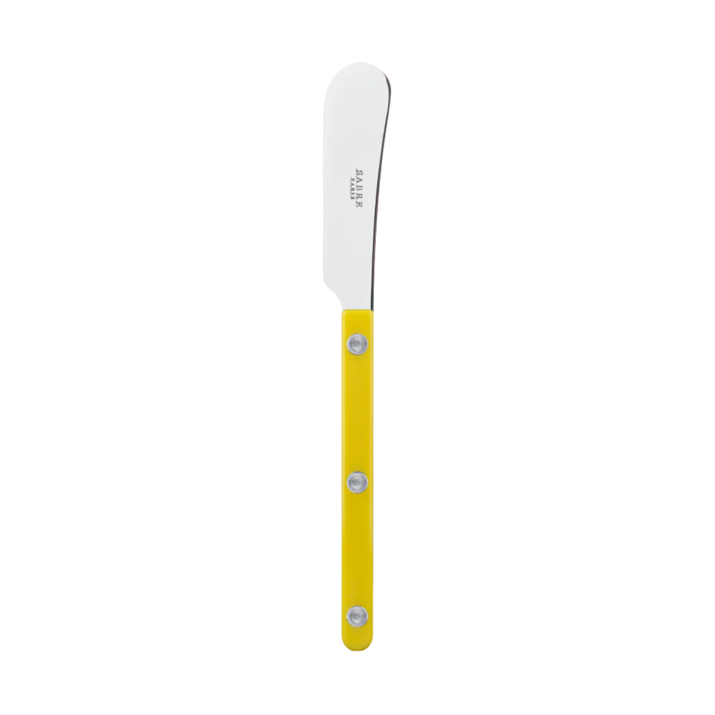 Butter knife with yellow handle on a white background