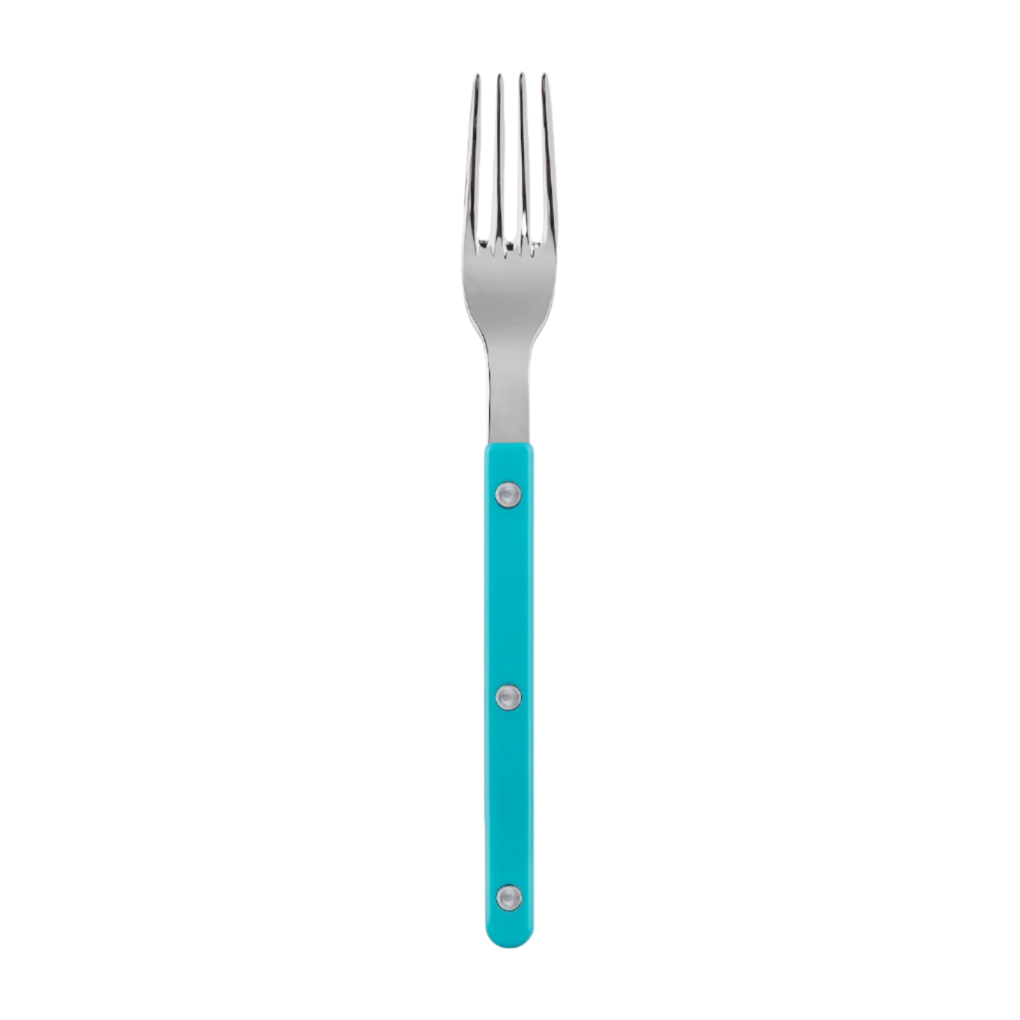 Fork with a turquoise handle on a white background