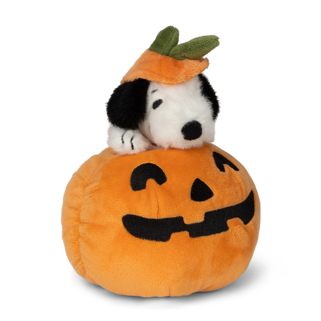 A plush snoopy toy featuring a black-and-white dog peeking out from an orange pumpkin with a carved jack-o'-lantern face and a small green leafy hat, photographed on a clean white background.