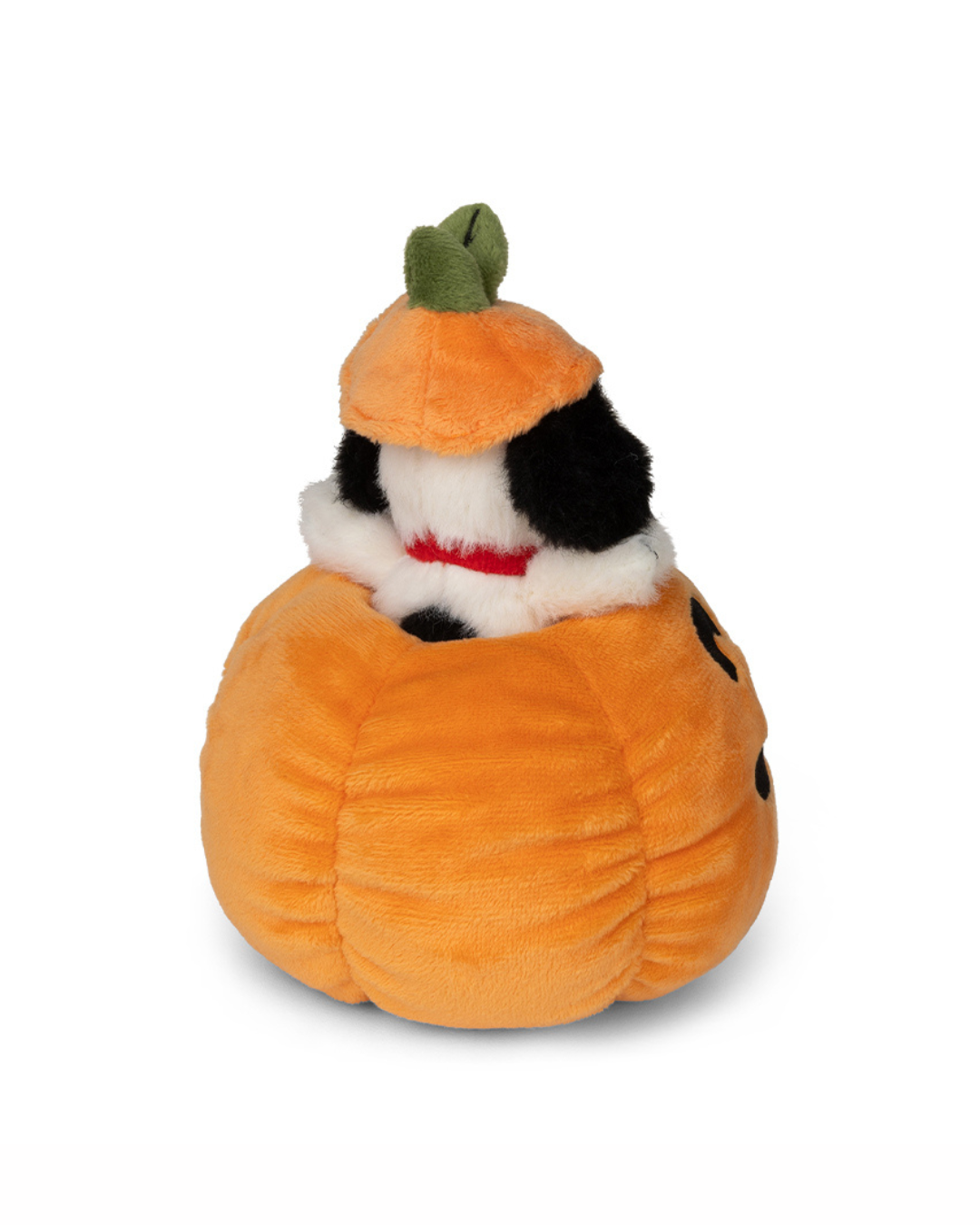 A plush toy snoopy dressed in a pumpkin costume, featuring an orange pumpkin-shaped body, a matching orange pumpkin hat with a green stem, white and black fur, and a small red bow tie, set against a plain white background.