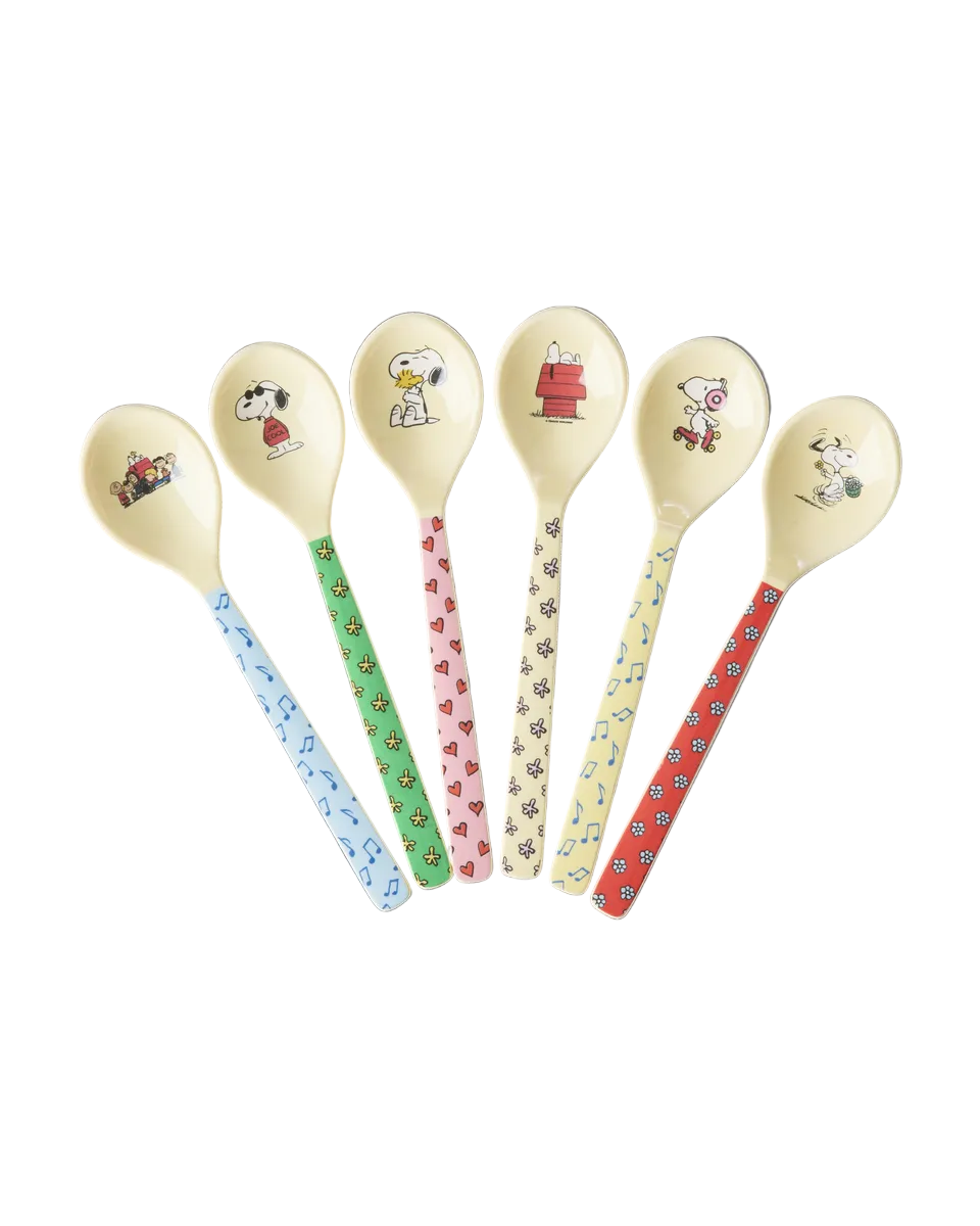 Set of six decorative spoons with cartoon characters on a white background