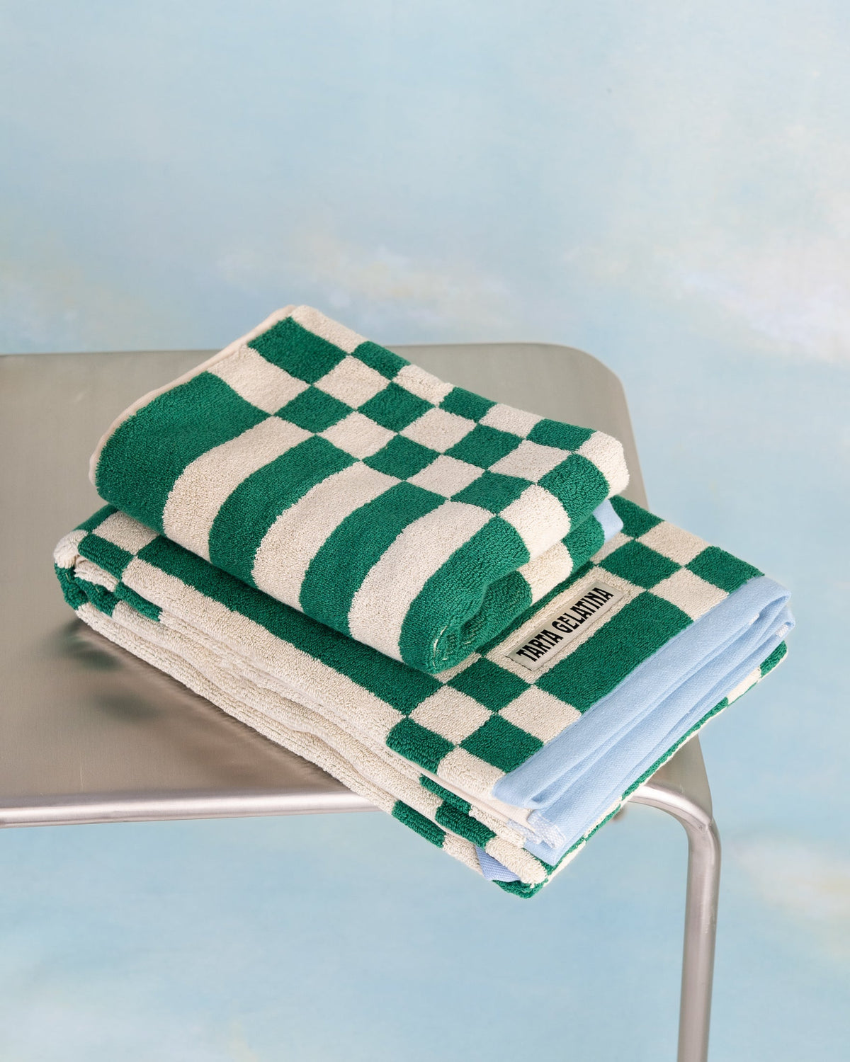 Marina bath towel green by Tarta Gelatina, flat lay showing full size