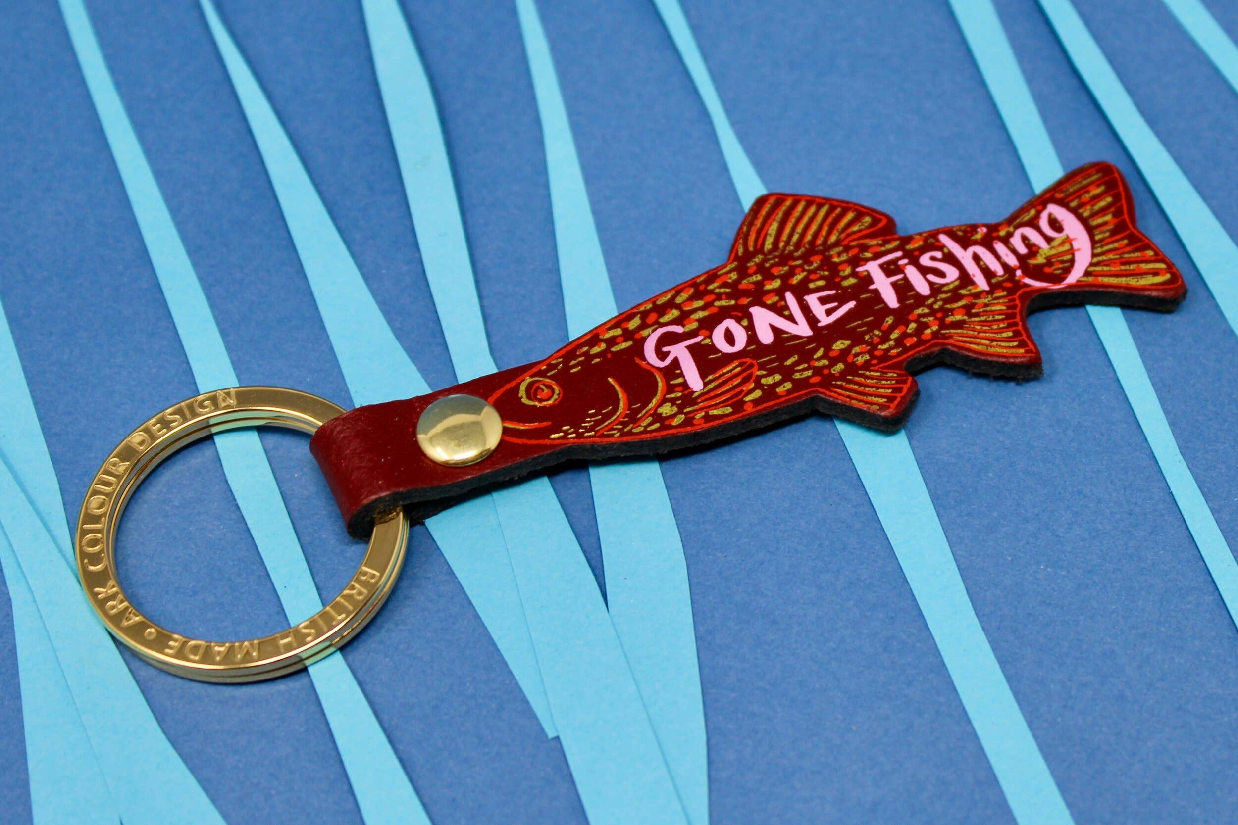 Gone Fishing Leather Key Fob: Pale Pink