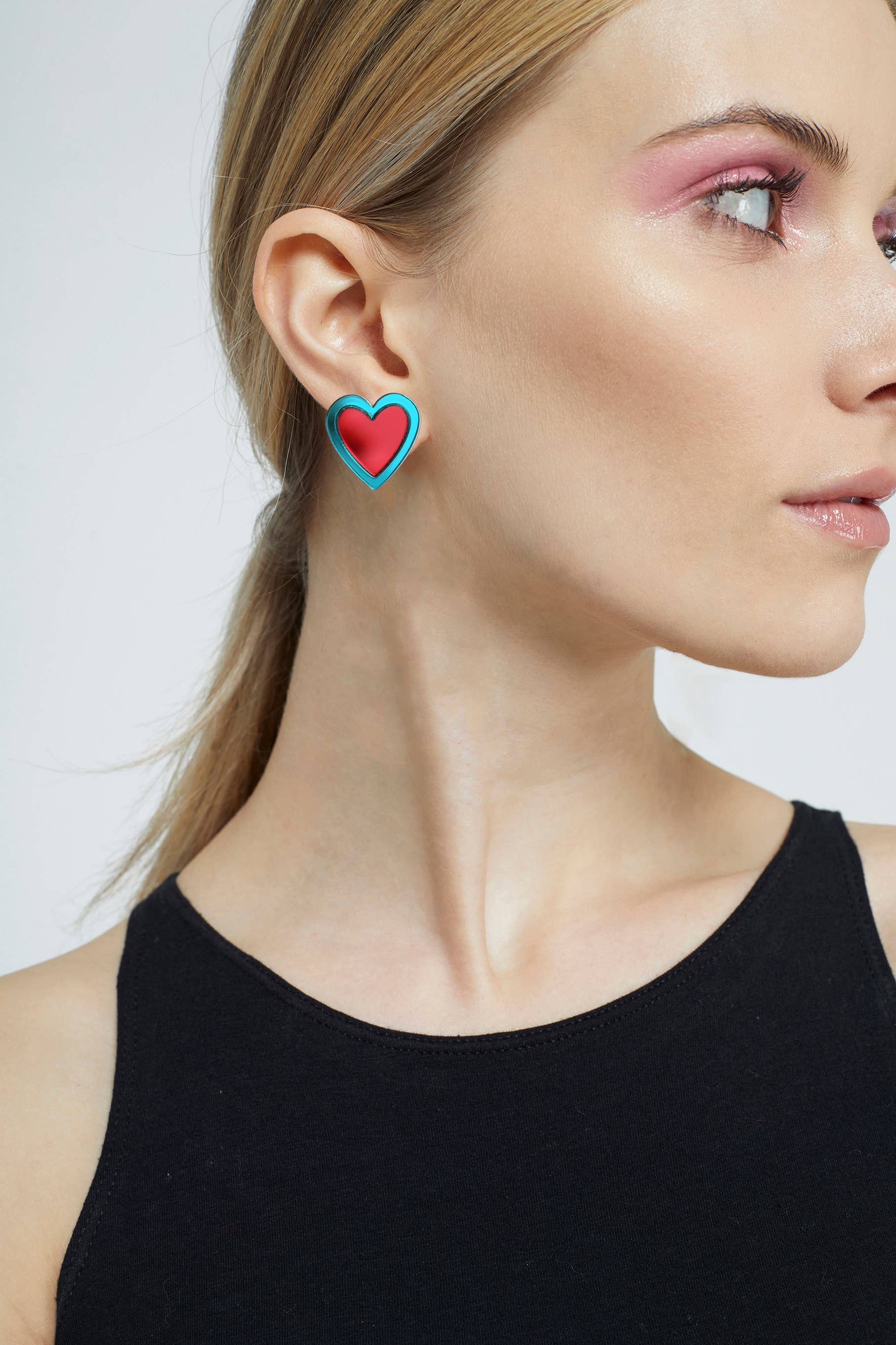 Acrylic Heart Studs: Teal mirror + Red Mirror