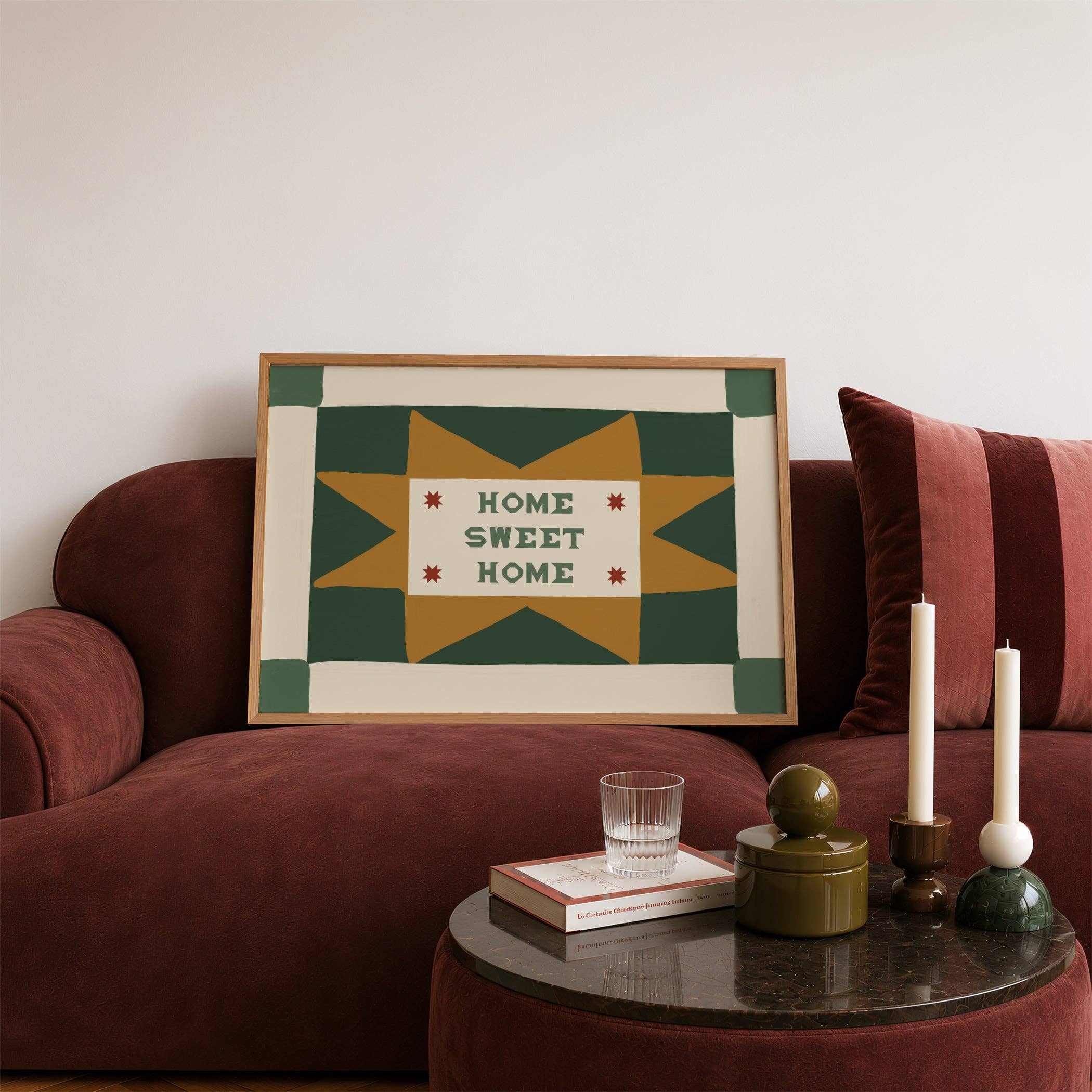 Home Sweet Home Patchwork Print: Green / Rust / Unframed / A3