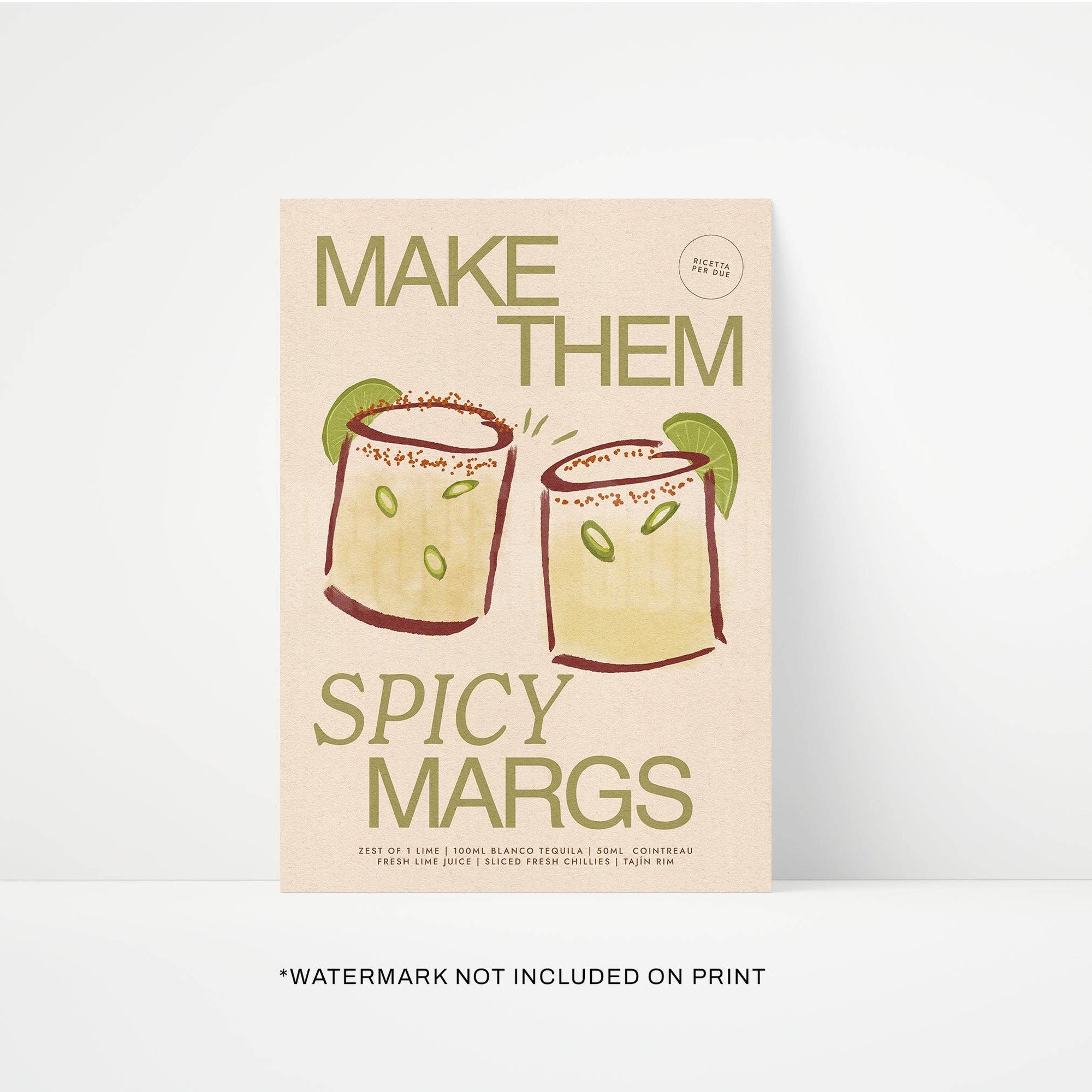 Spicy Margaritas art print sage A5 by Proper Good — cocktail wall art