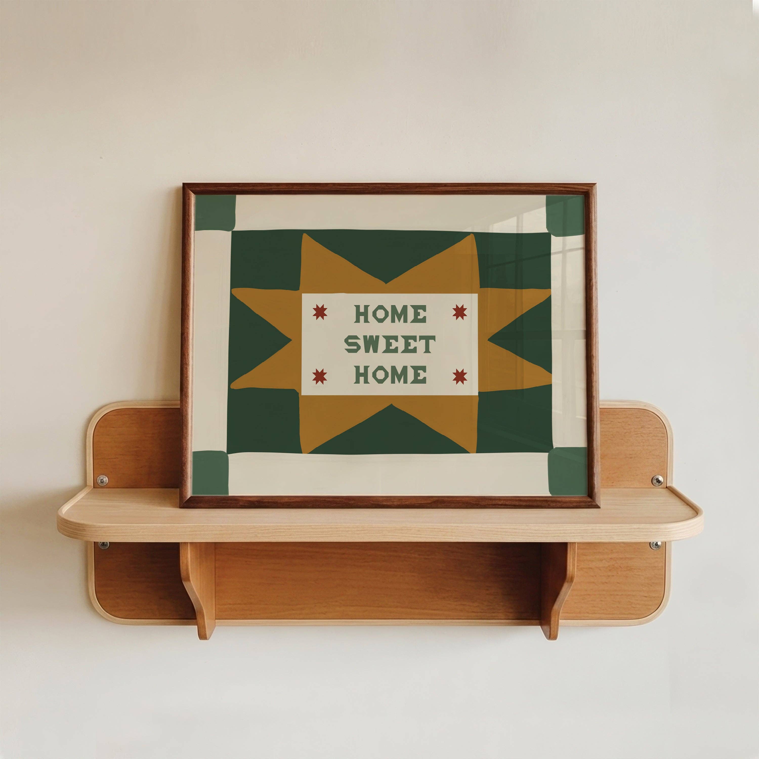 Home Sweet Home Patchwork Print: Green / Rust / Unframed / A4