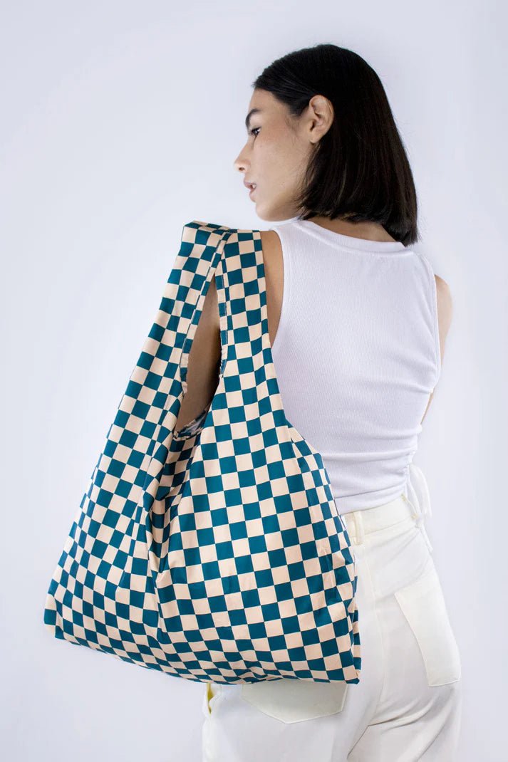 Checkerboard Teal & Beige I Medium Reusable Bag accessories  bag