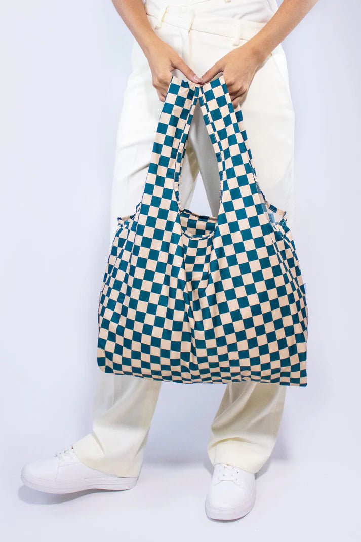 Checkerboard Teal & Beige I Medium Reusable Bag accessories  bag