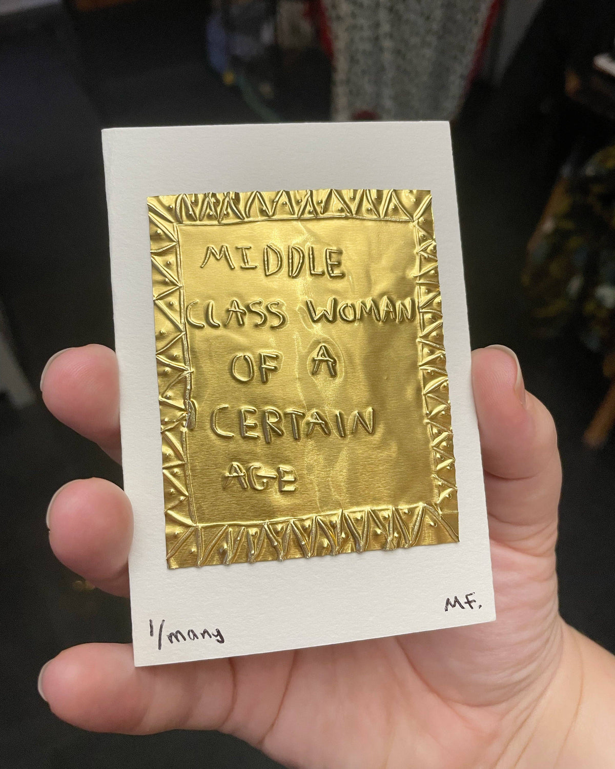 Middle class woman of a certain age - 1/many tin embossing 10cm x 8cm