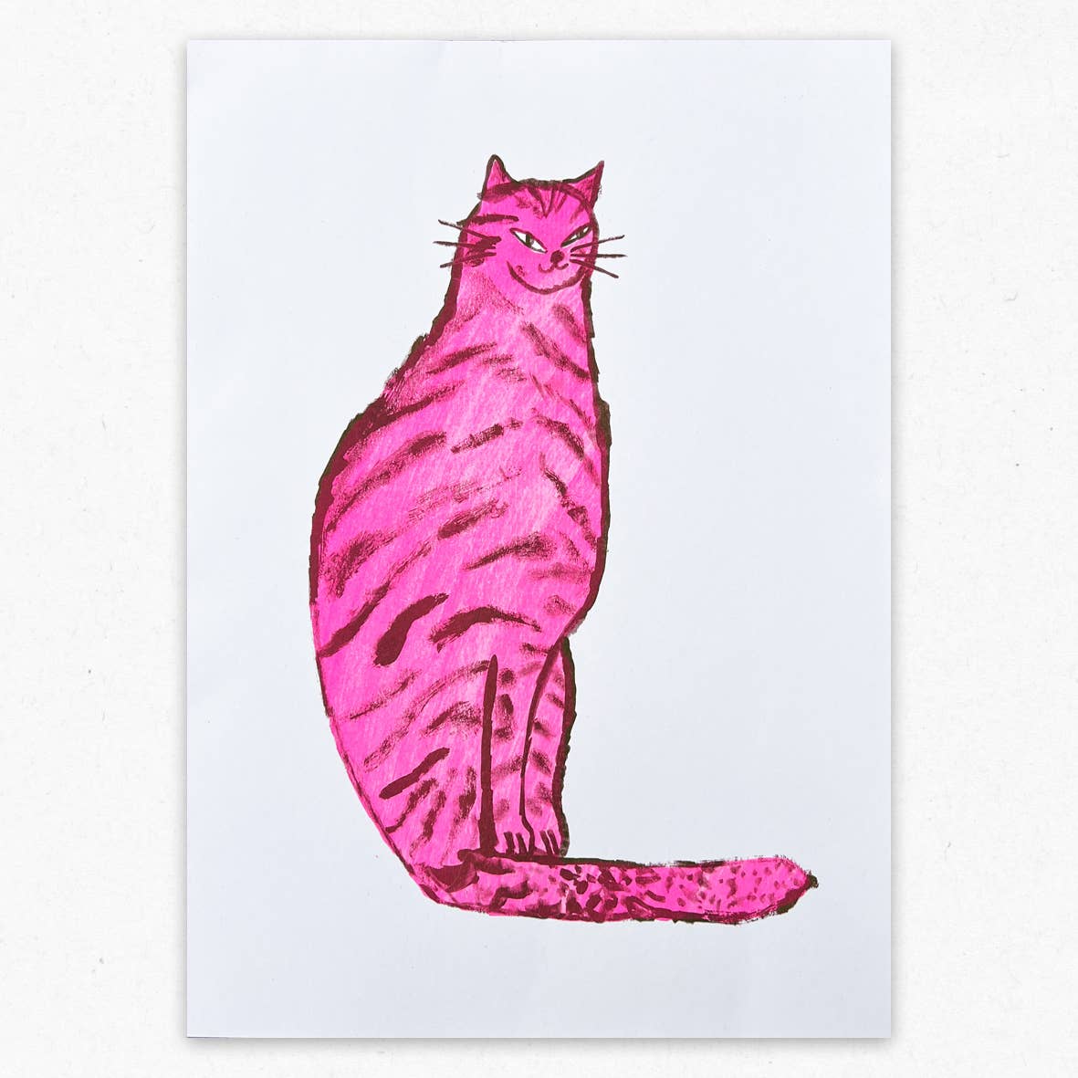 Sneaky Cat Risograph Art Print | Fluorescent Pink: A3