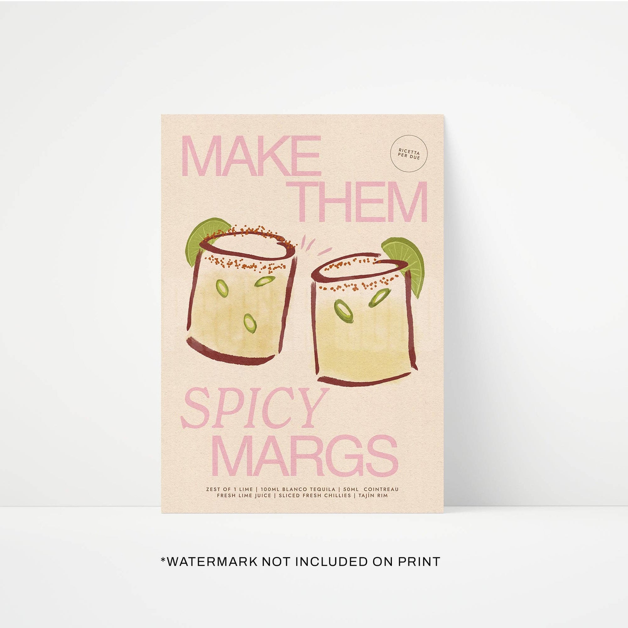 Spicy Margaritas art print pink A5 by Proper Good — cocktail wall art