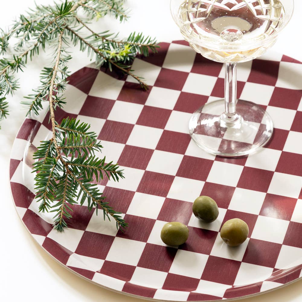 Burgundy / Cream CHECKER Round Serving Tray - 31 cm - BLU KAT Modern Love Store Glasgow