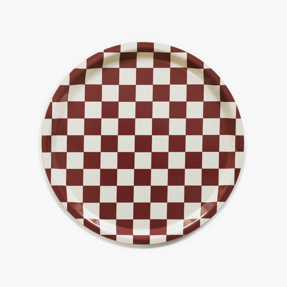Burgundy / Cream CHECKER Round Serving Tray - 31 cm - BLU KAT Modern Love Store Glasgow