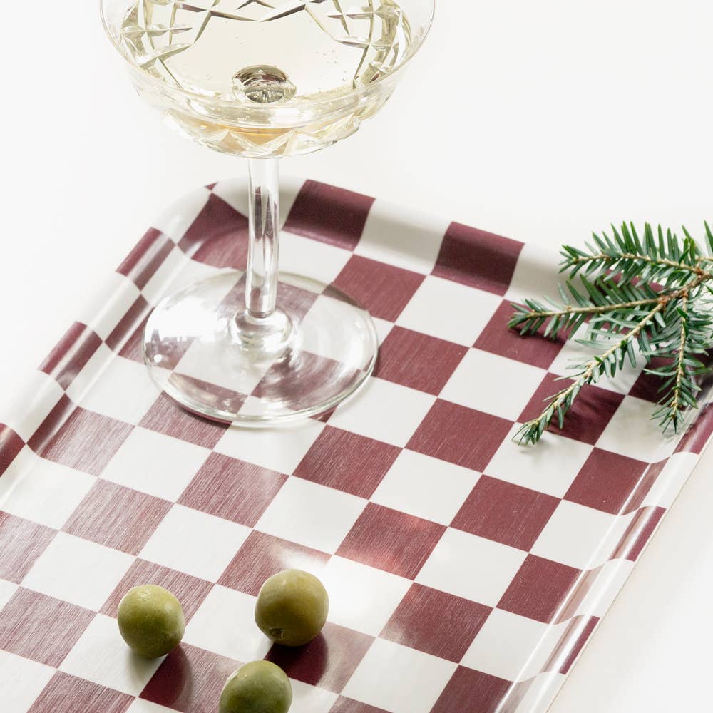 Burgundy / Cream CHECKER Serving Tray - 27x20 cm - BLU KAT Modern Love Store Glasgow