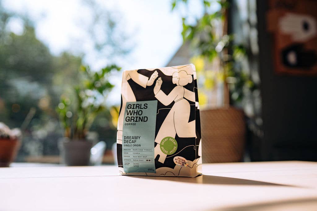 Girls Who Grind Dreamy Decaf coffee packaging