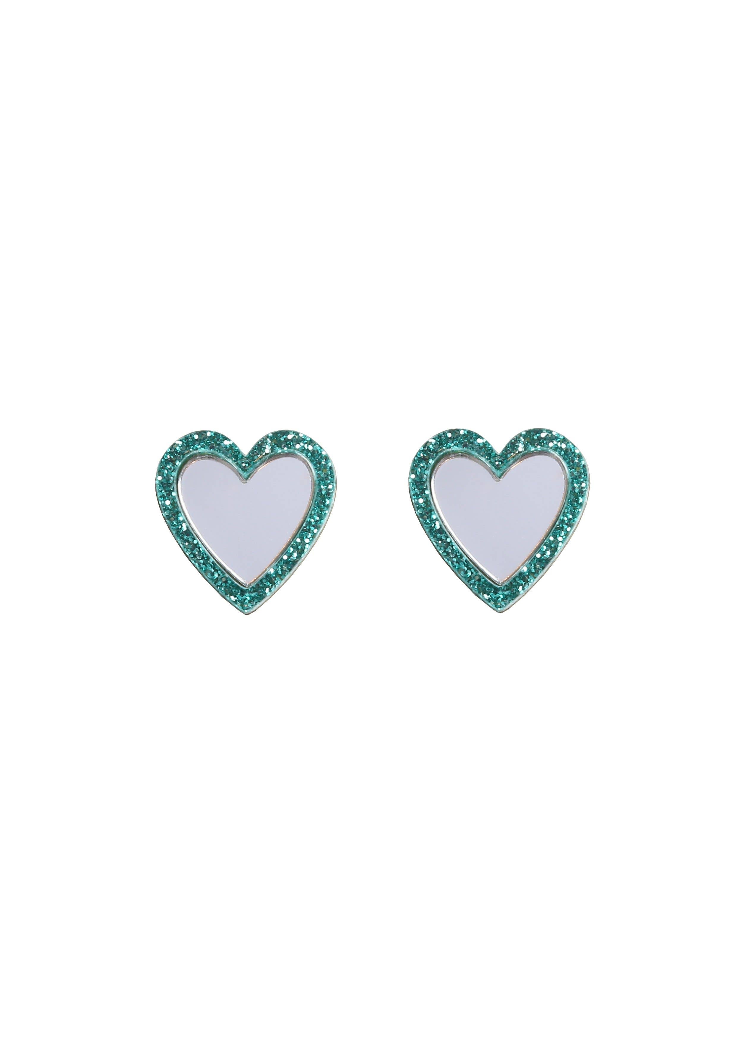 Acrylic Heart Studs: Silver Glitter + Silver Mirror